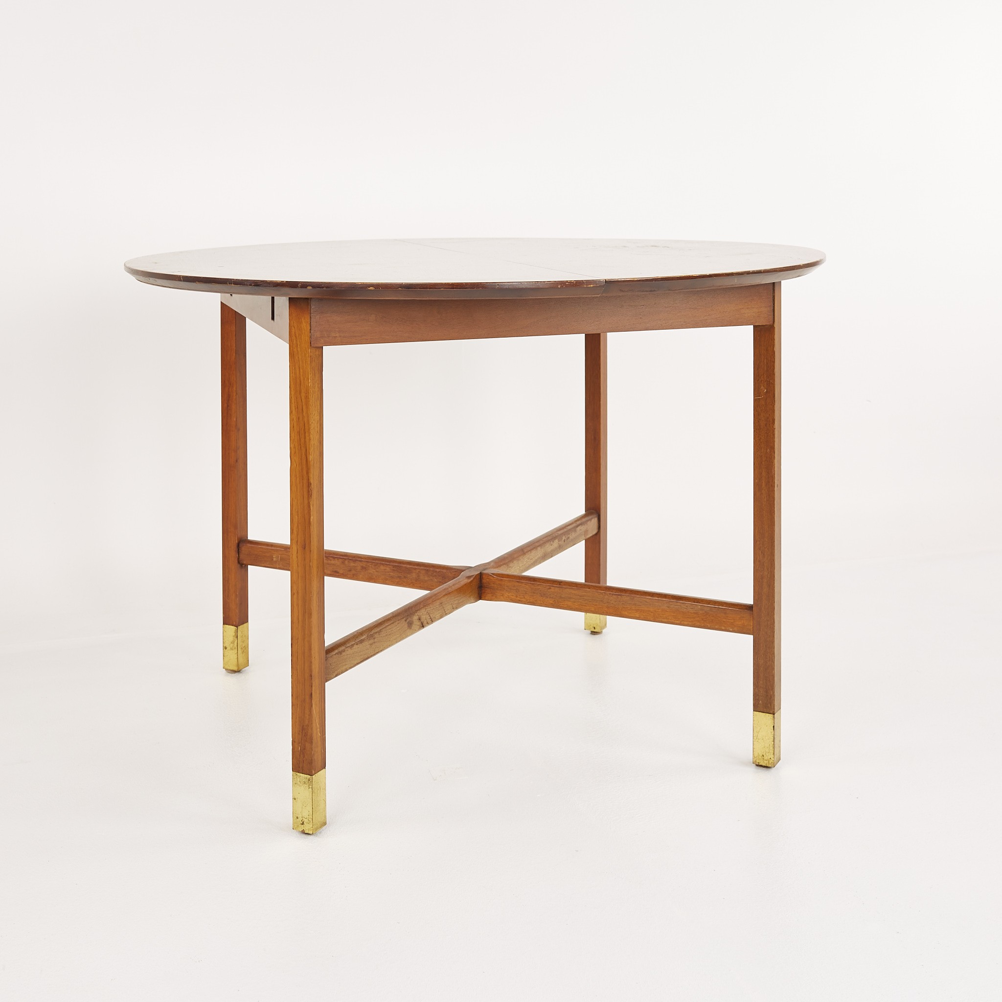 Founders Mid Century Walnut and Brass Expanding Dining Table with 1 Leaf