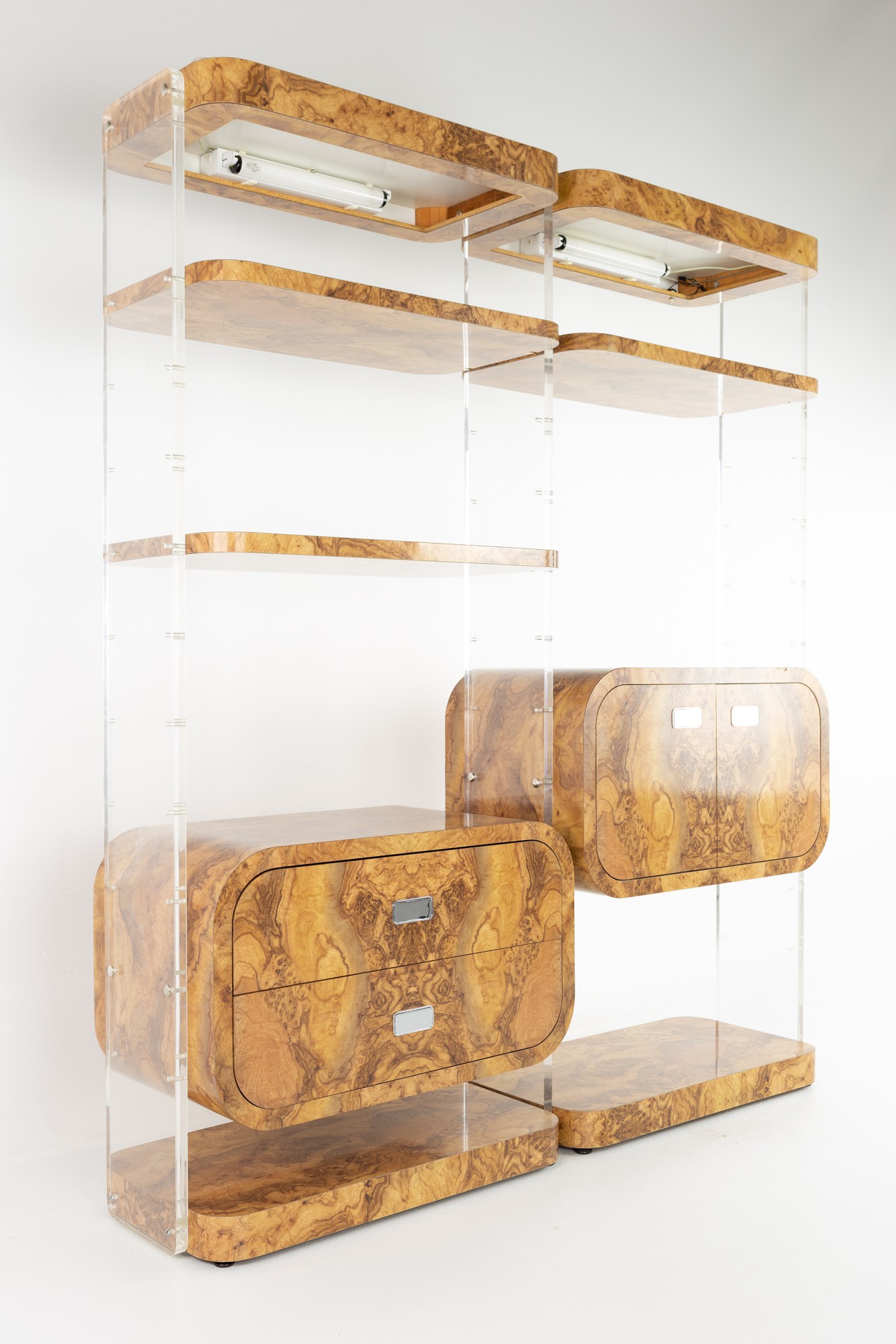 Milo Baughman Style Mid Century Burlwood Laminate and Lucite Bookcases - Pair