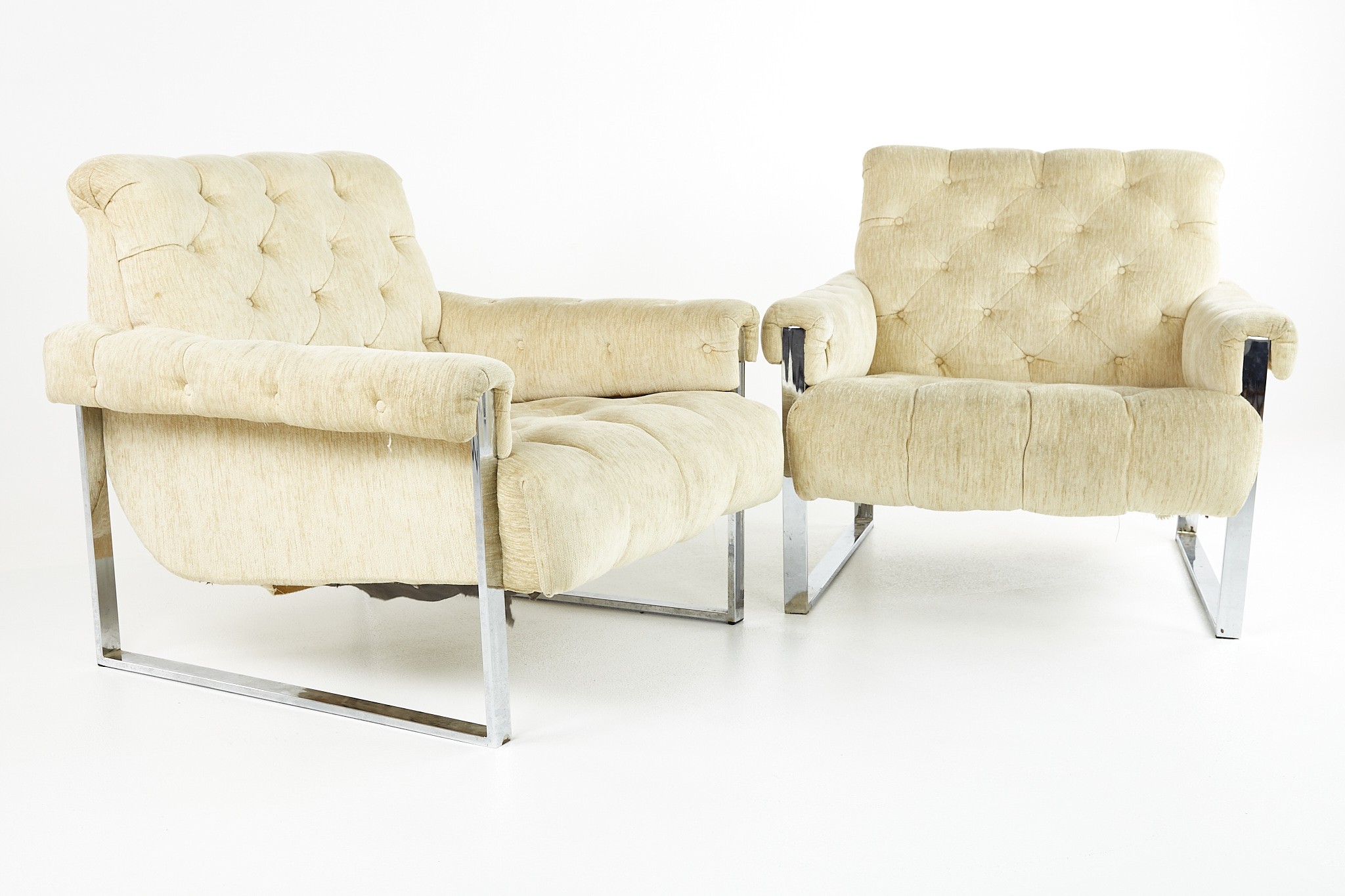 Milo Baughman Style Mid Century Chrome Tufted Lounge Chairs- a Pair