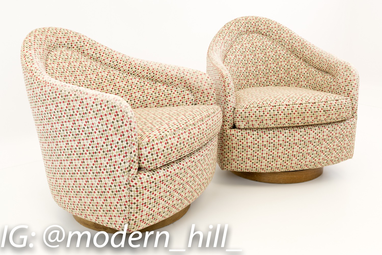 Milo Baughman Mid Century Barrel Swivel Lounge Chairs
