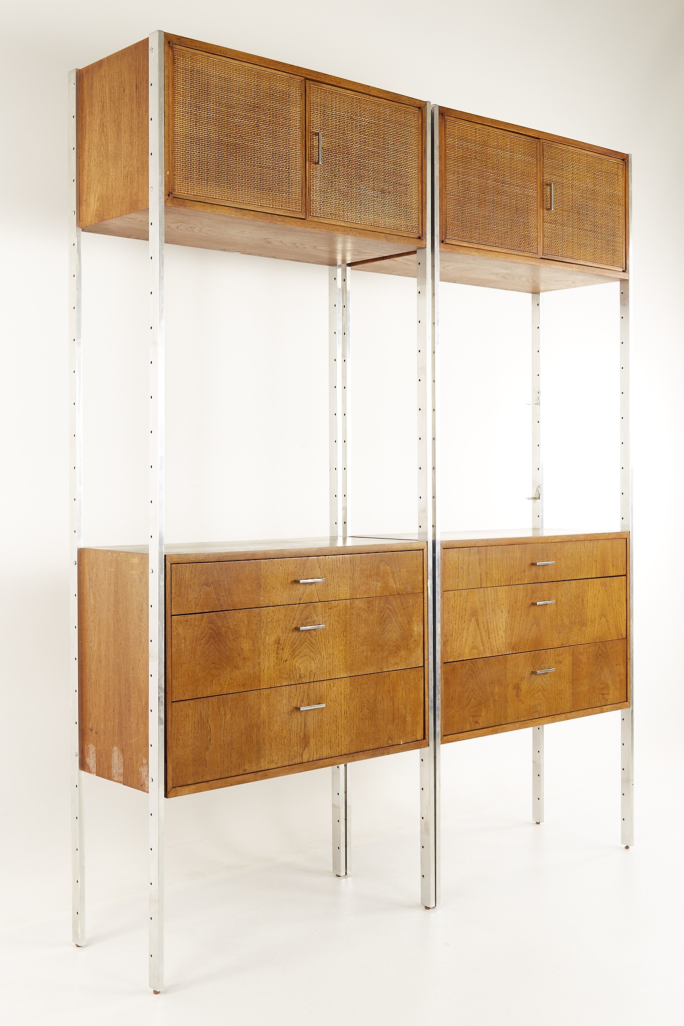 Founders Mid Century 4 Bay Walnut Chrome and Cane Wall Unit