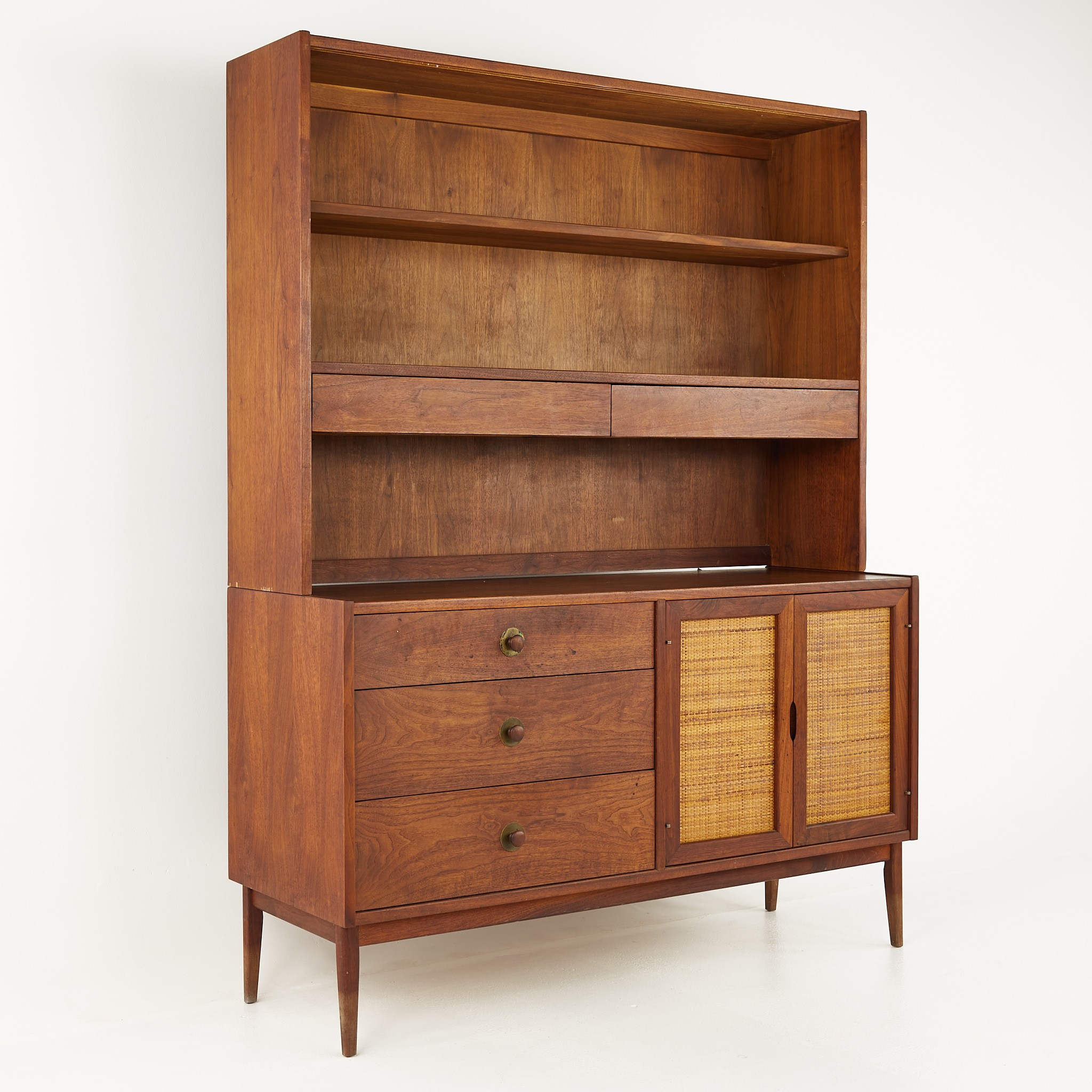 Mazor Mid Century Cane and Walnut Sideboard Credenza Buffet with Hutch