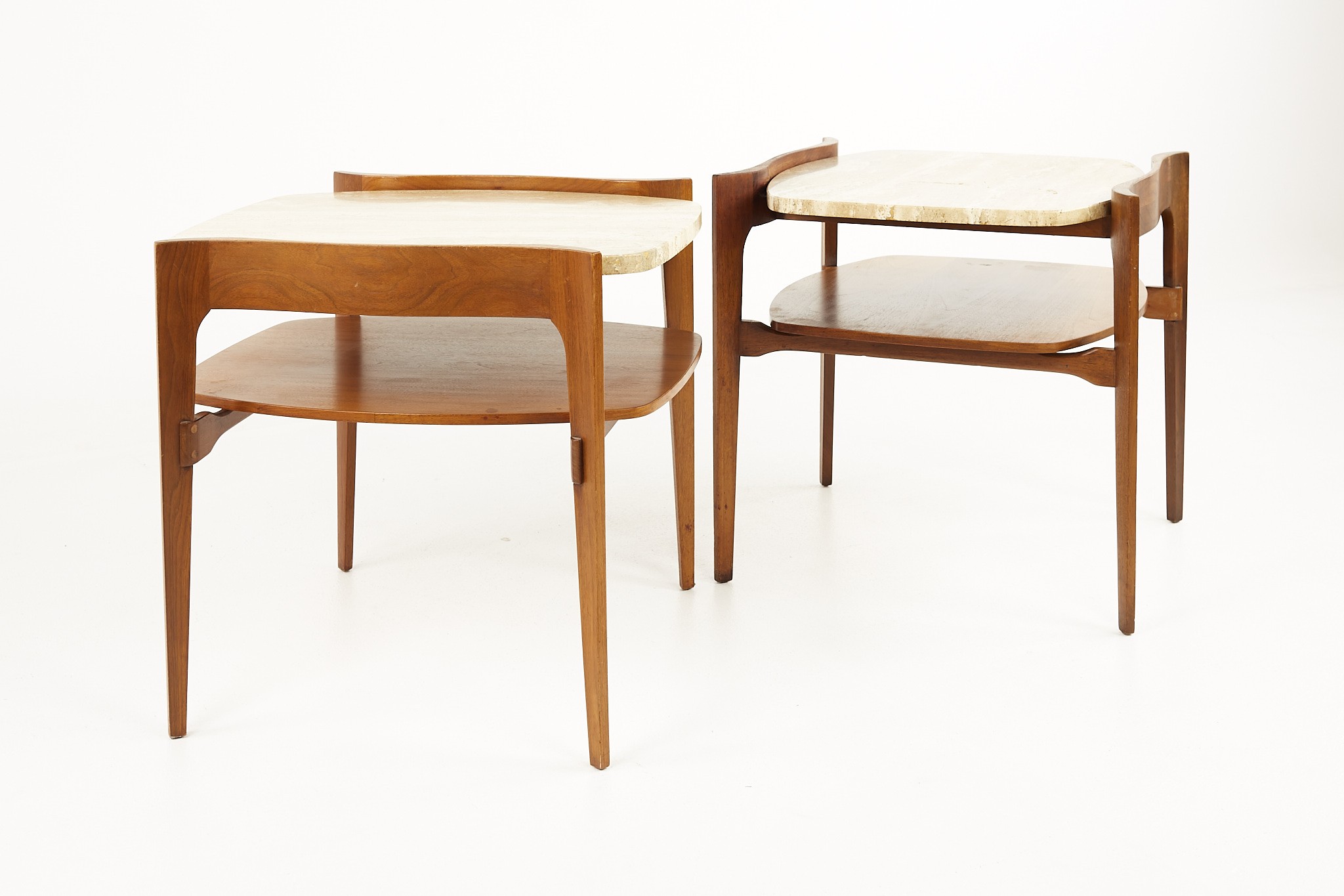 Bertha Schaefer Mid Century Sculpted Walnut & Italian Travertine Side Tables - Pair