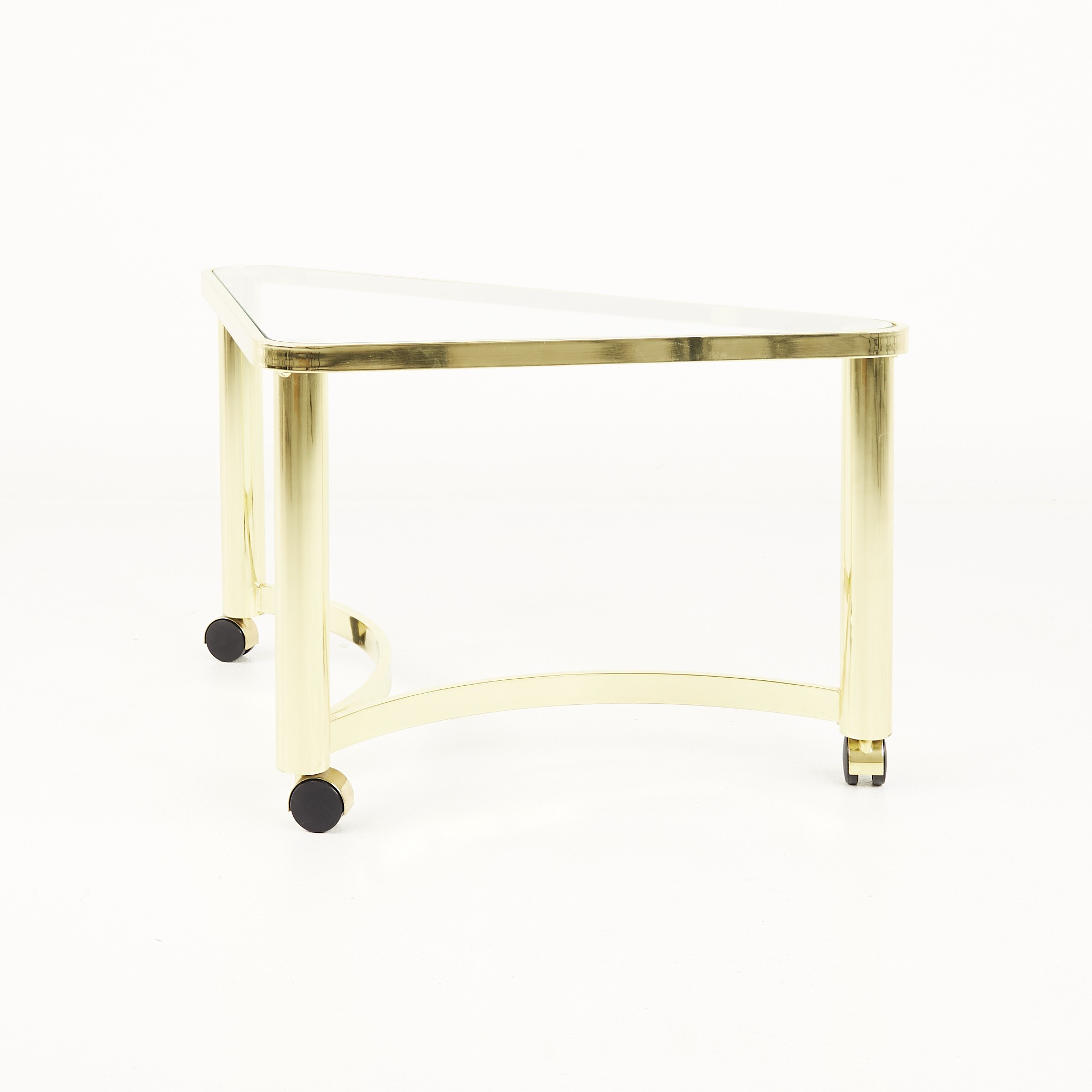 Mid Century Brass and Glass Side Table with Casters