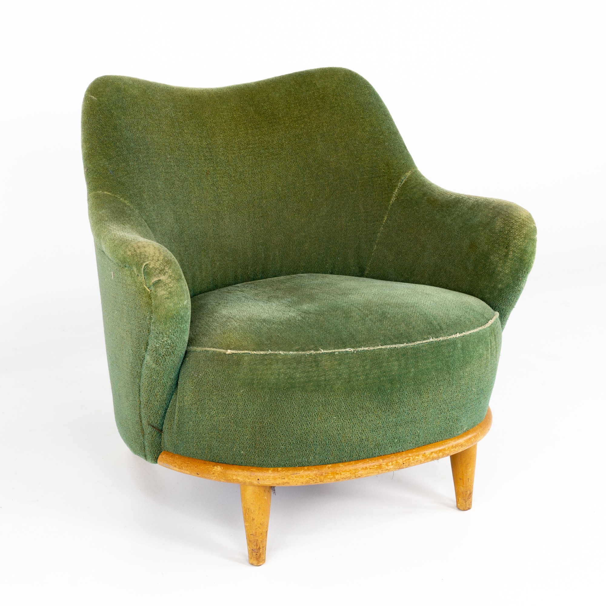 Heywood Wakefield Mid Century Green Upholstered Velvet Tub Lounge Chair