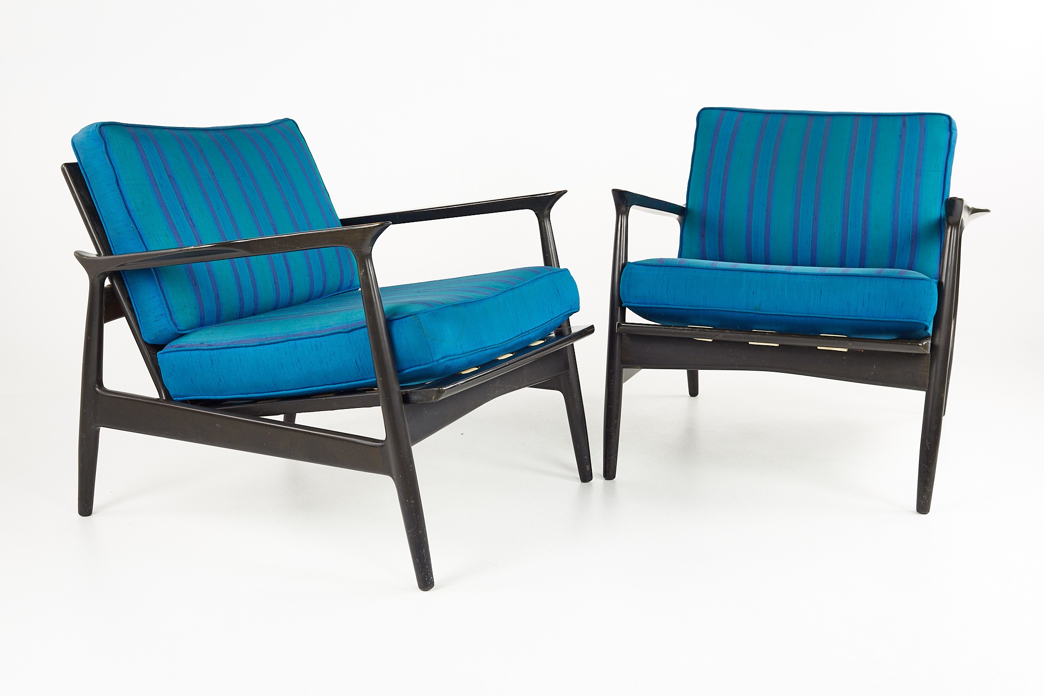 Ib Kofod Larsen Mid Century Ebonized and Grasscloth Danish Lounge Chairs - a Pair
