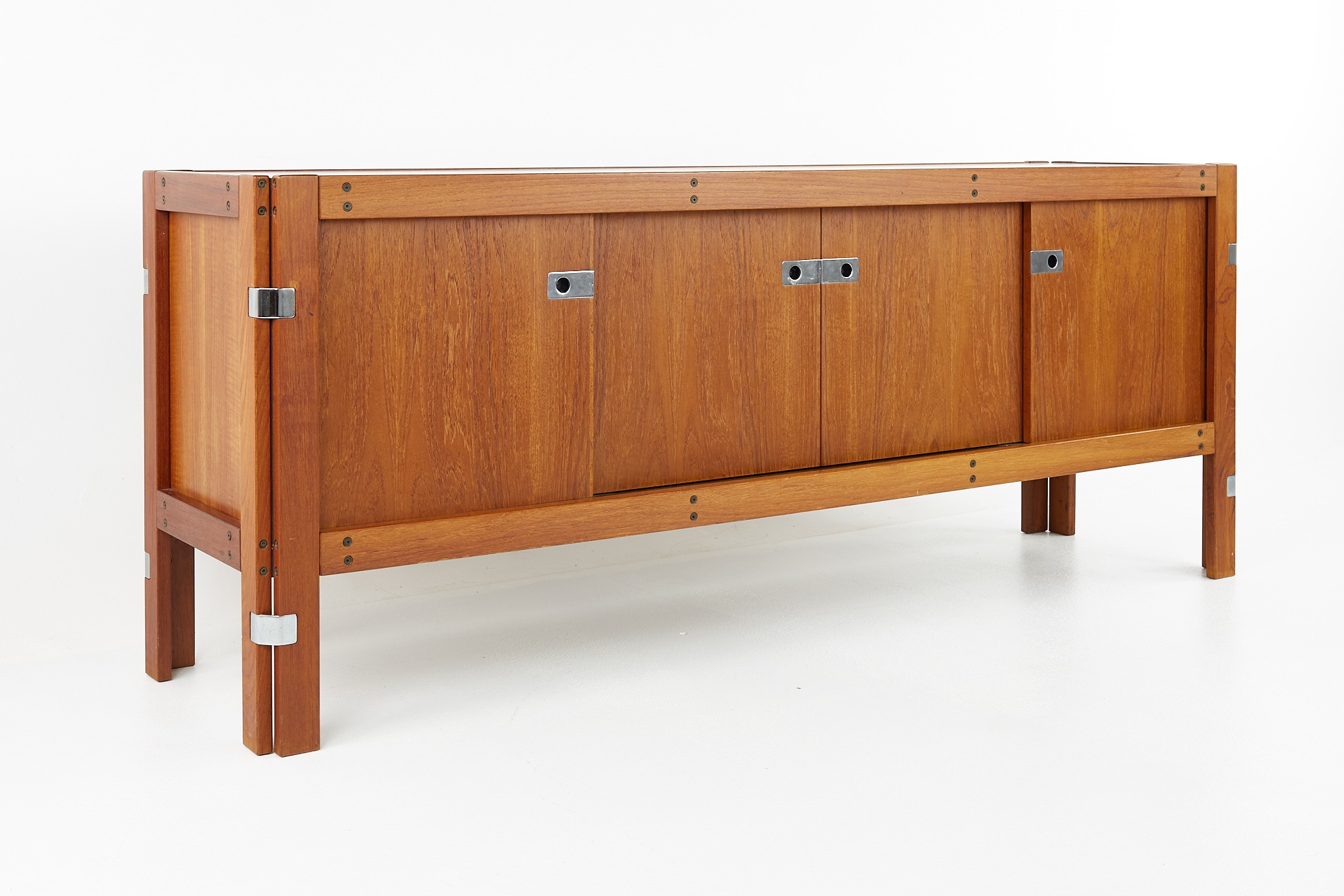 Afra and Tobia Scarpa Style Mid Century Teak and Chrome Sideboard Credenza
