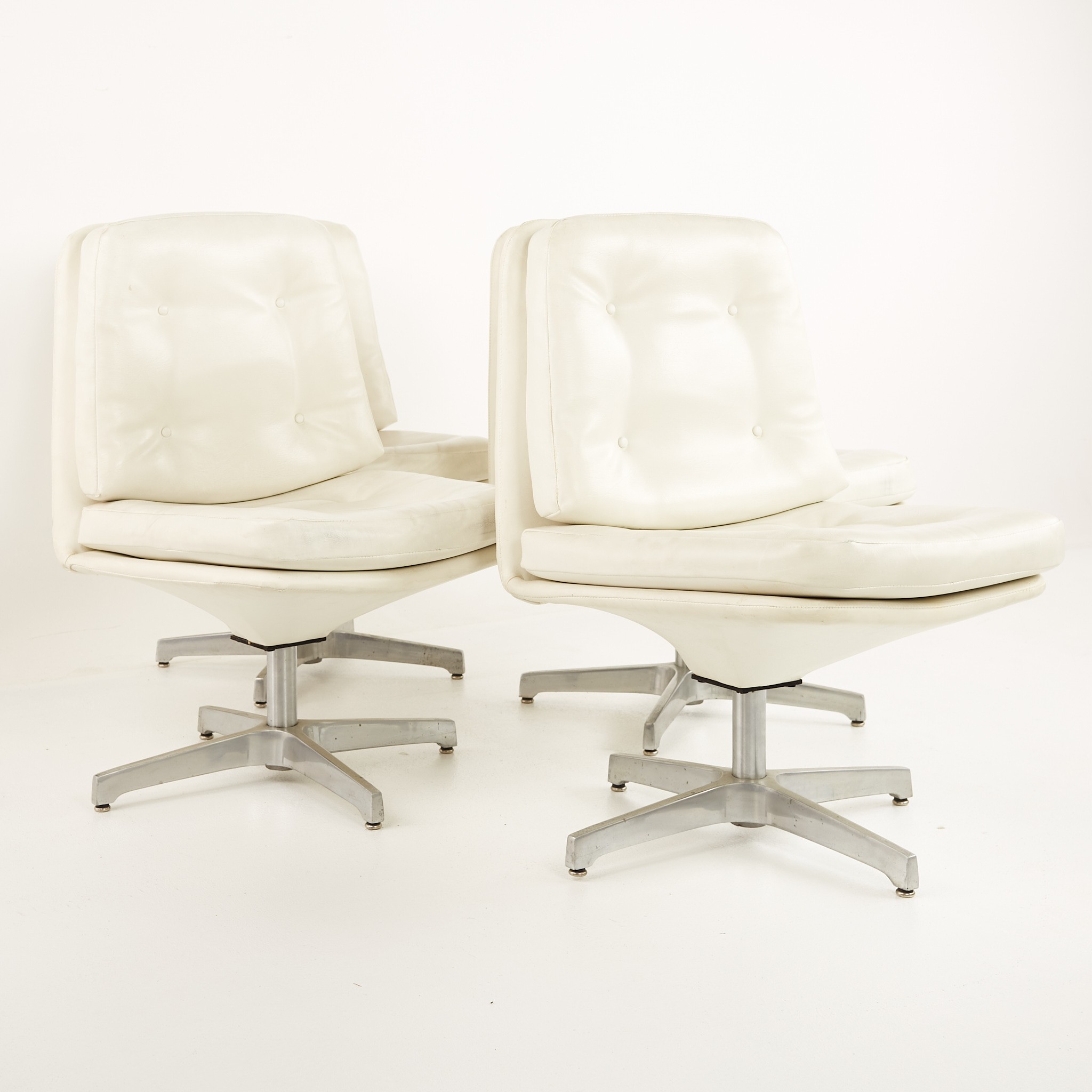 Chromcraft Style Mid Century White Vinyl and Aluminum Tufted Swivel Dining Chairs  - Set of 4