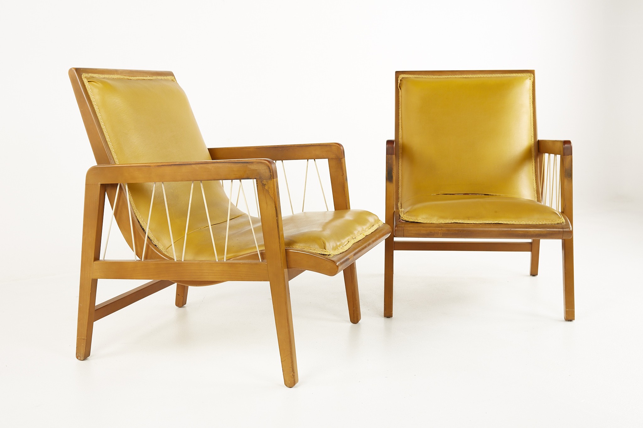 Russel Wright for Conant Ball Style Mid Century Maple and Rope Lounge Chairs - a Pair