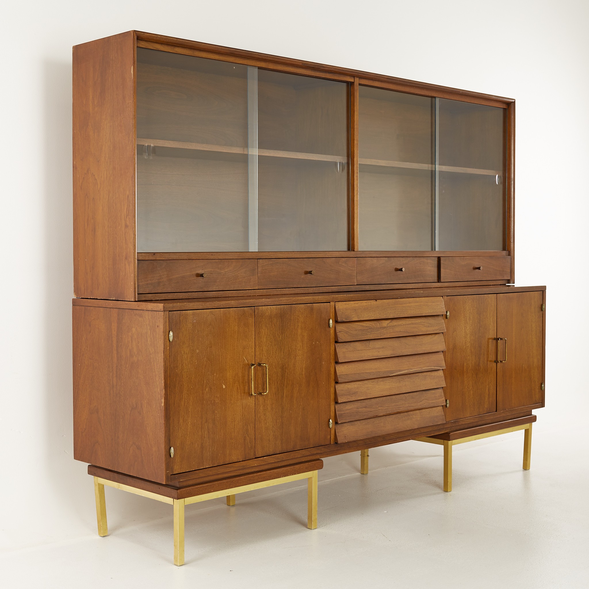 Merton Gershun for American of Martinsville Mid Century Large Walnut and Brass Credenza Buffet with Hutch
