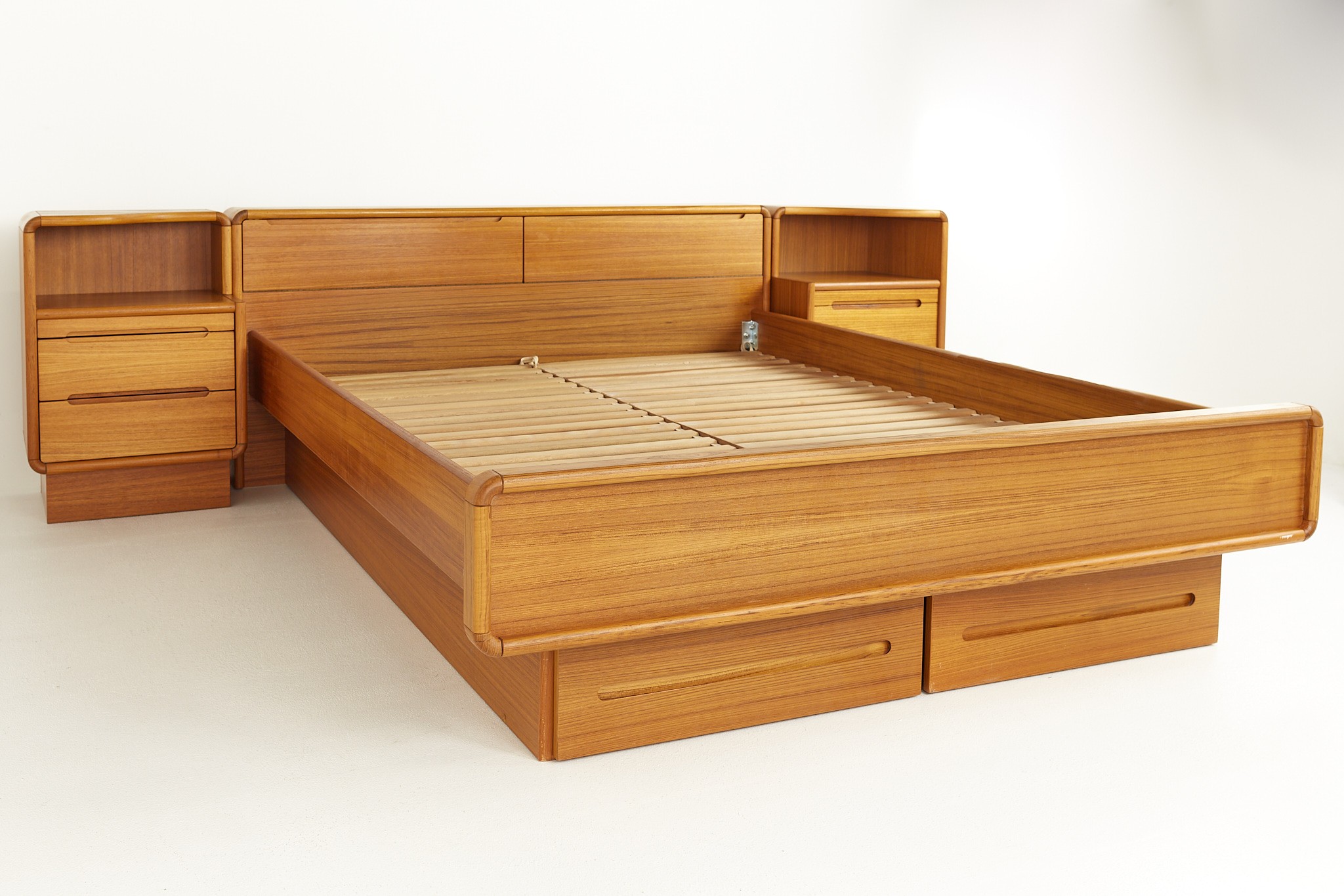 Mid Century Danish Teak Queen Platform Storage Bed with Nightstands