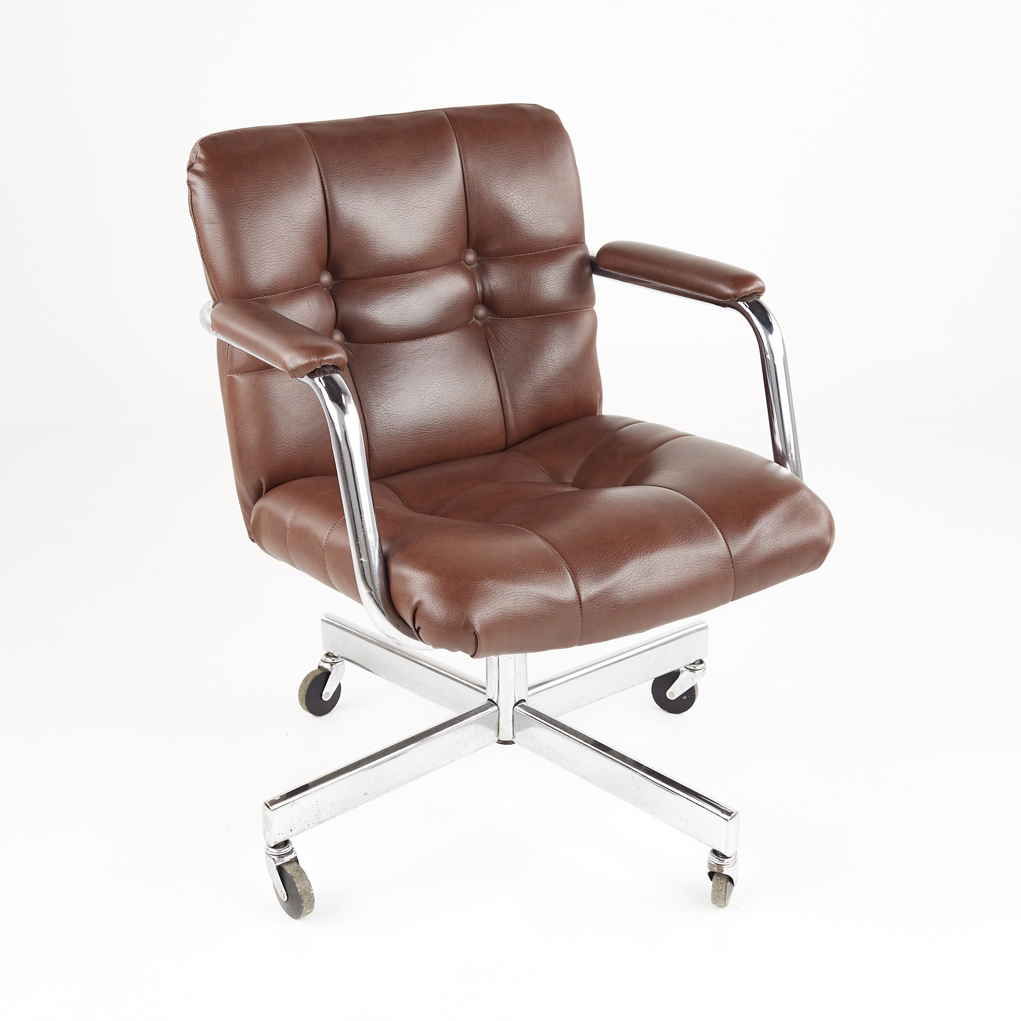 Mid Century Brown and Chrome Swivel Wheeled Office Chair Mid