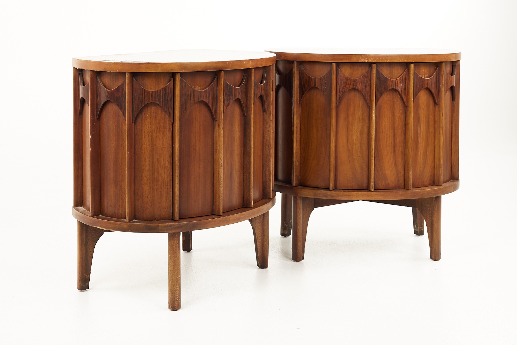 Kent Coffey Perspecta Mid Century Semi Round Walnut and Rosewood Nightstands - a Pair