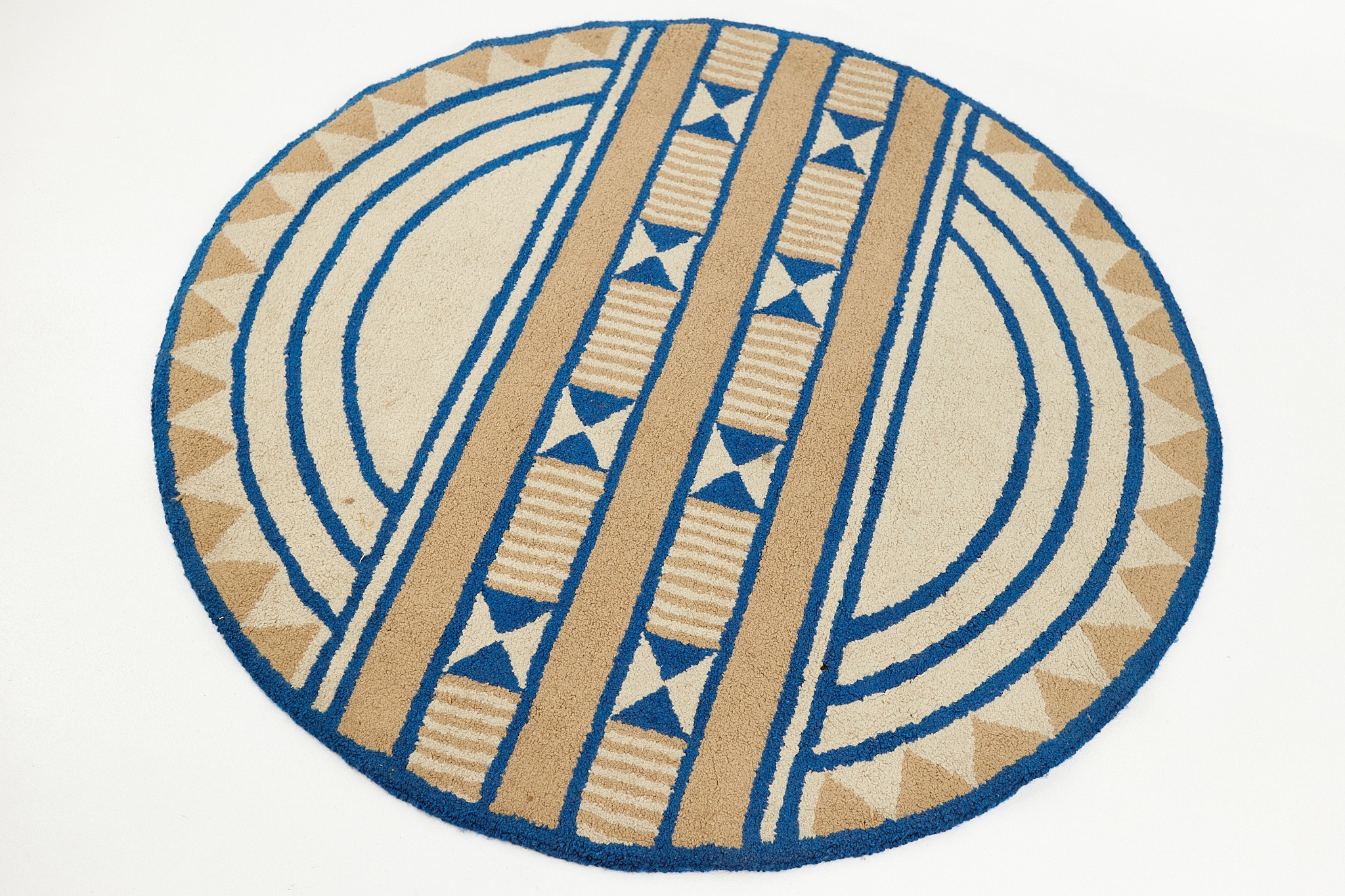 Mid Century Acrylic High Pile Blue and Beige Round Rug