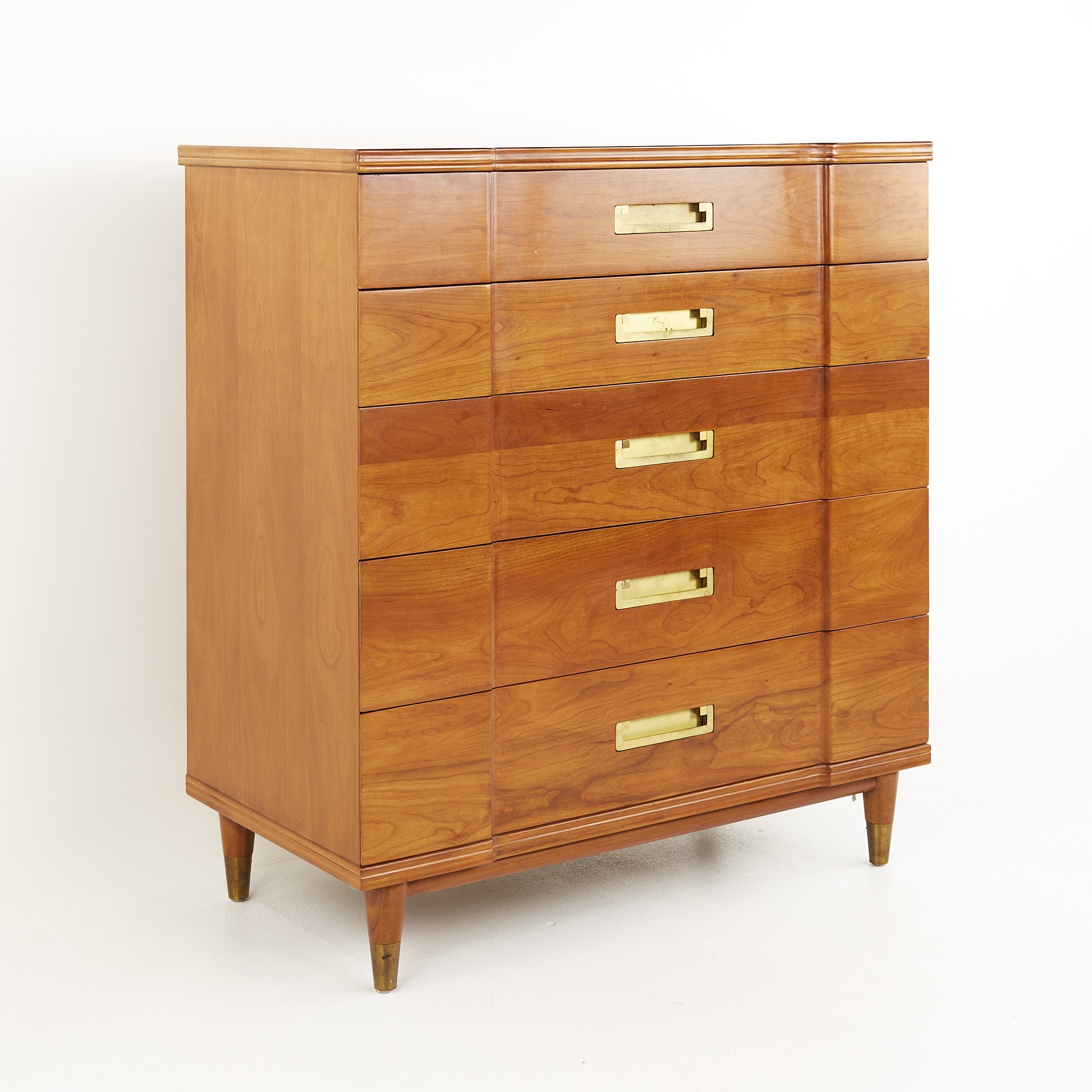John Widdicomb Mid Century Walnut and Brass 5 Drawer Highboy Dresser
