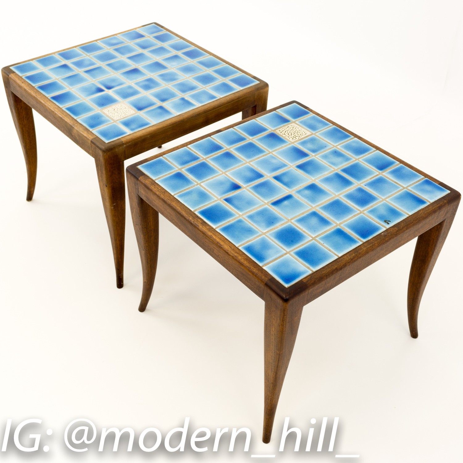 Mid Century Italian Style Blue Mosaic Side End Tables
