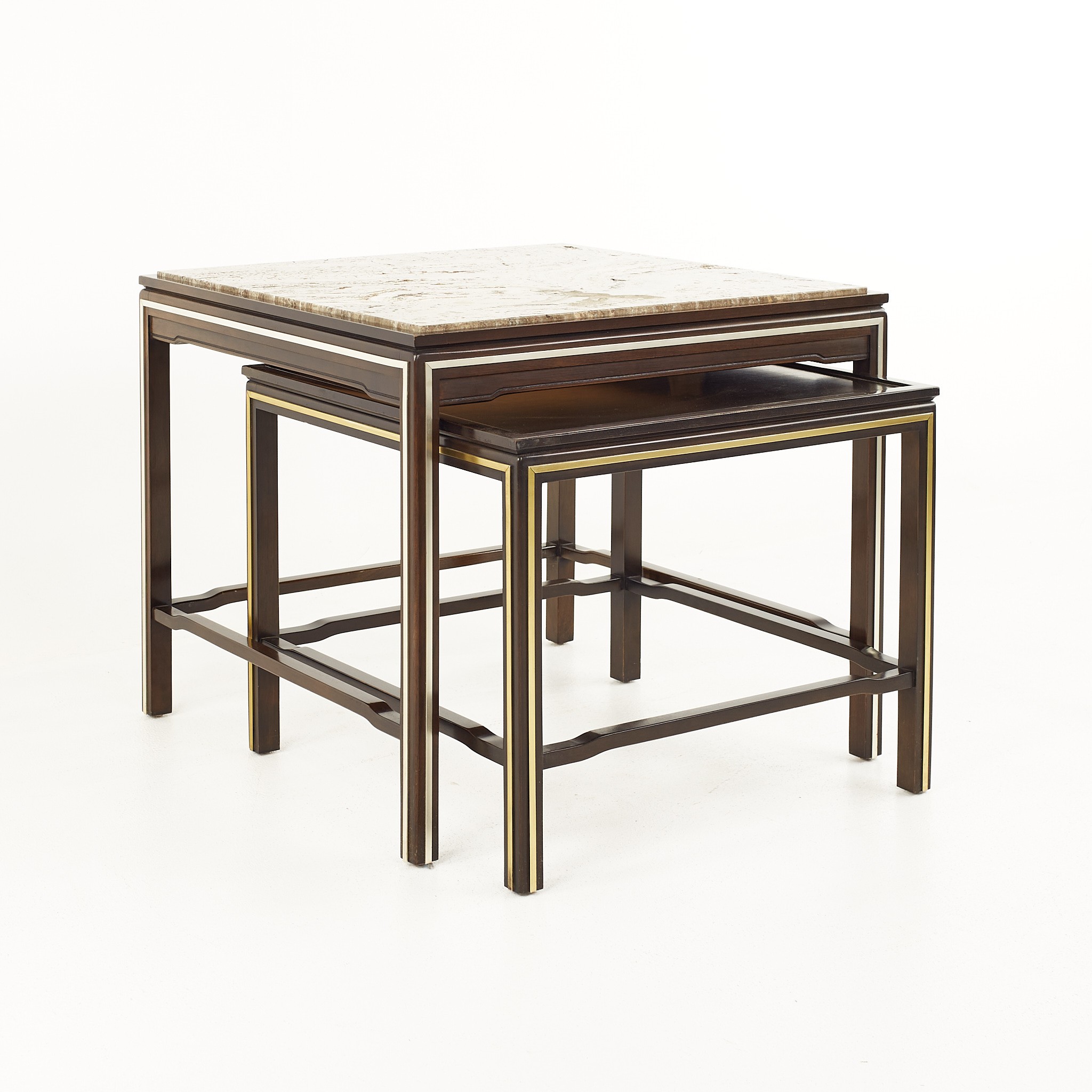 Widdicomb Mid Century Brass and Travertine Marble Nesting Tables