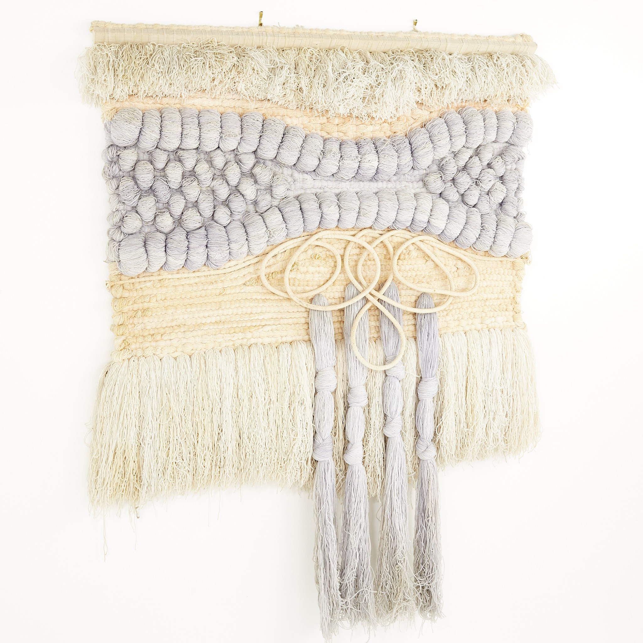 Mid Century Macramé Wall Hanging in Periwinkle and Salmon