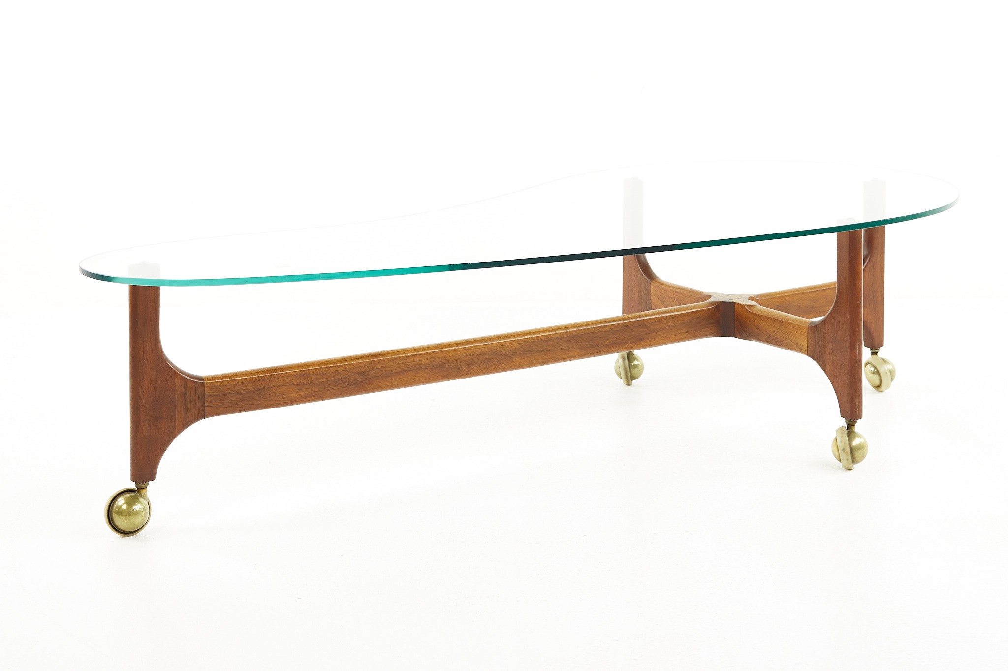Adrian Pearsall Style Mid Century Walnut and Brass Biomorphic Coffee Table