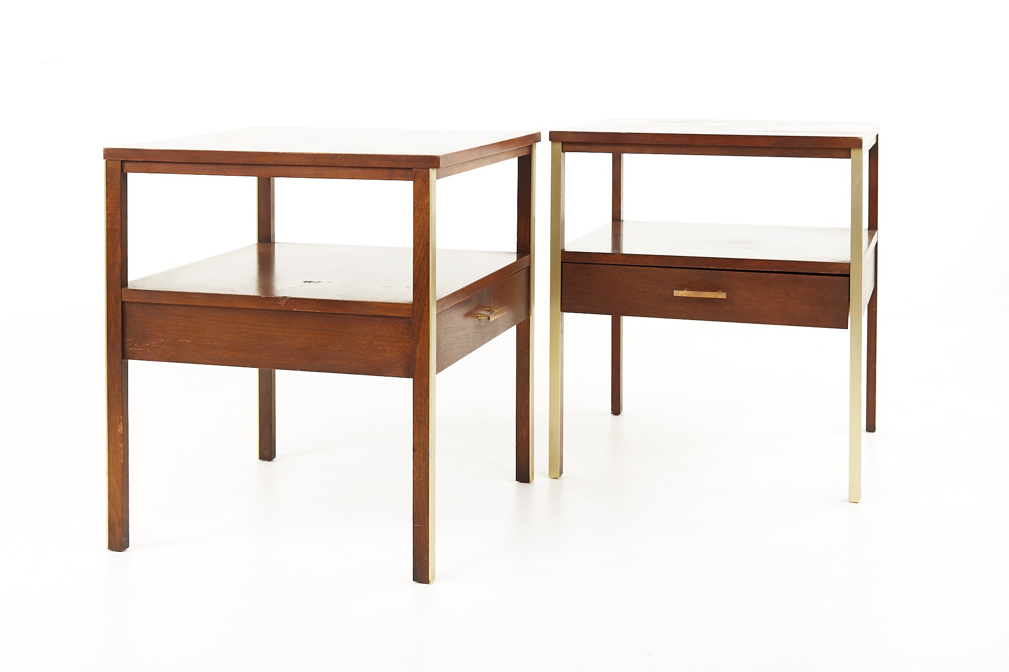 Paul McCobb for Calvin Mid Century Brass and Walnut Nightstands - A Pair