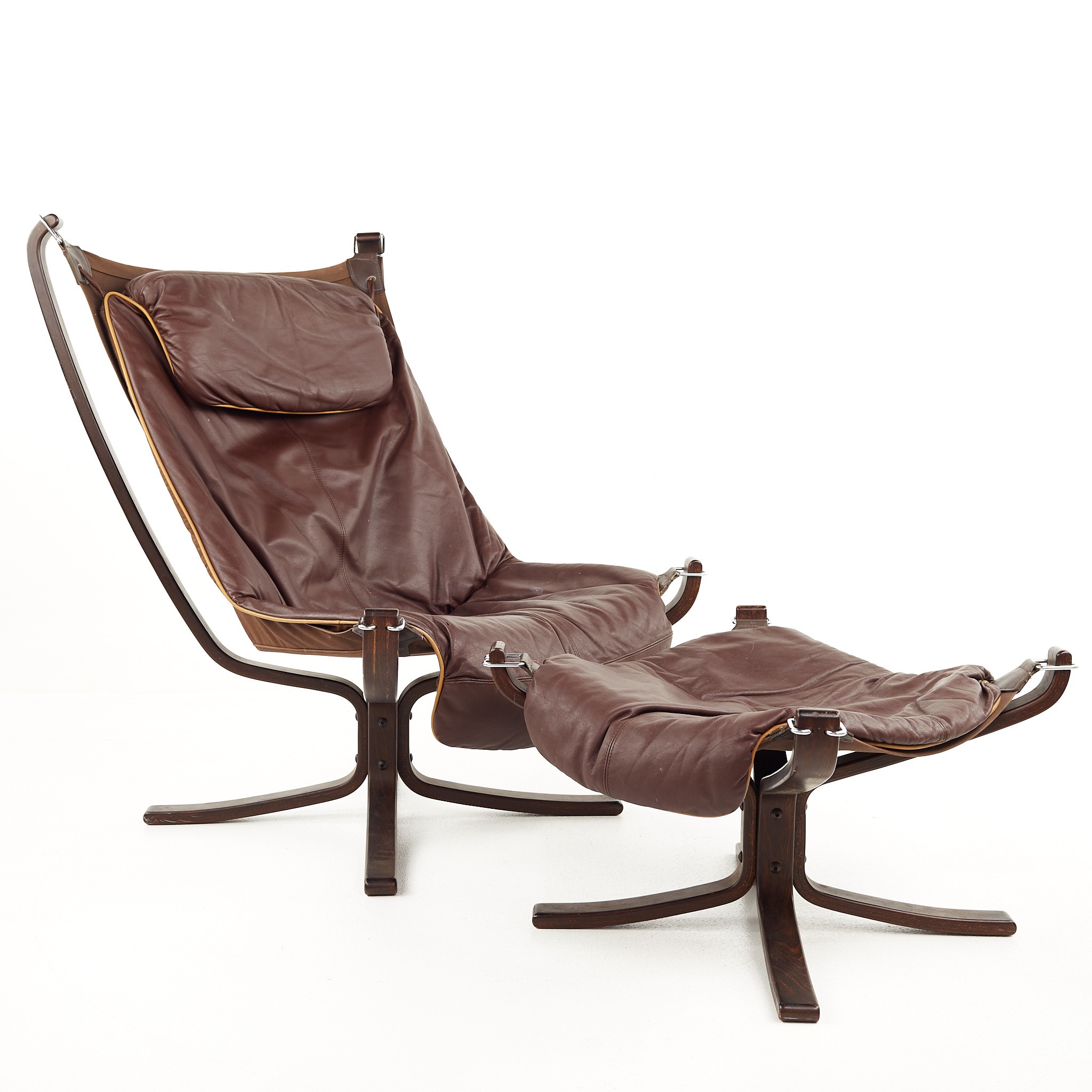 Sigurd Ressell for Vatne Mobler Mid Century Bentwood and Brown Leather Falcon Chair with Ottoman