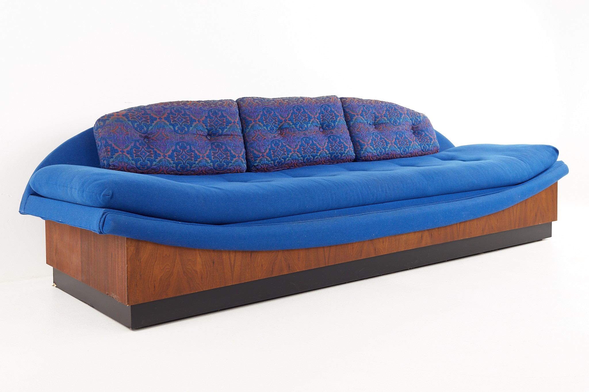 Adrian Pearsall for Craft Associates Mid Century Blue Plinth Base Walnut Gondola Sofa