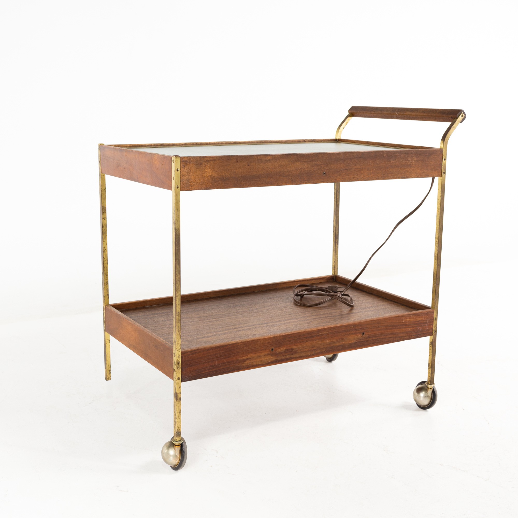 Paul Mccobb Style Mid Century Walnut and Brass Bar Cart