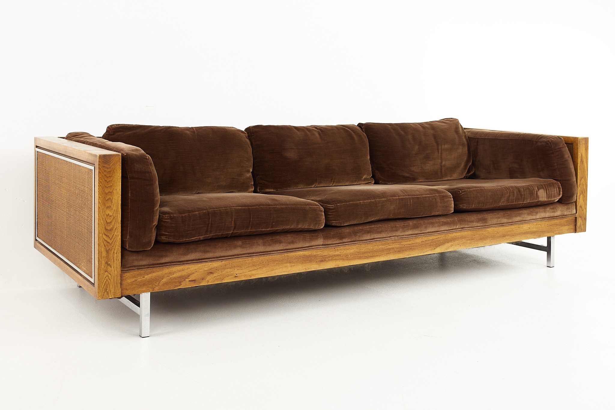 Founders Style Mid Century Cane and Oak Case Sofa