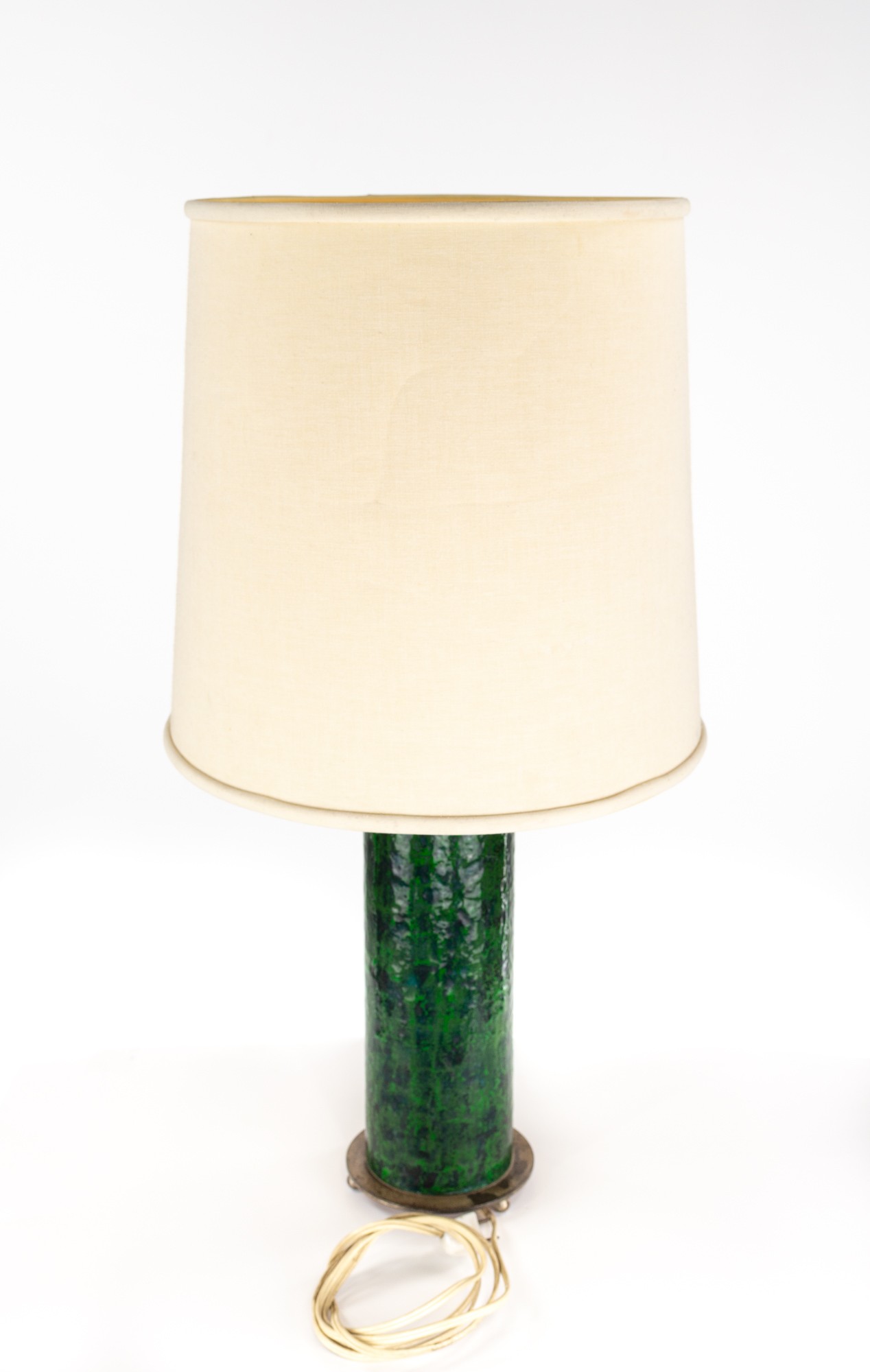 Mid Century Green Ceramic and Brass Cylinder Lamp with Lampshade