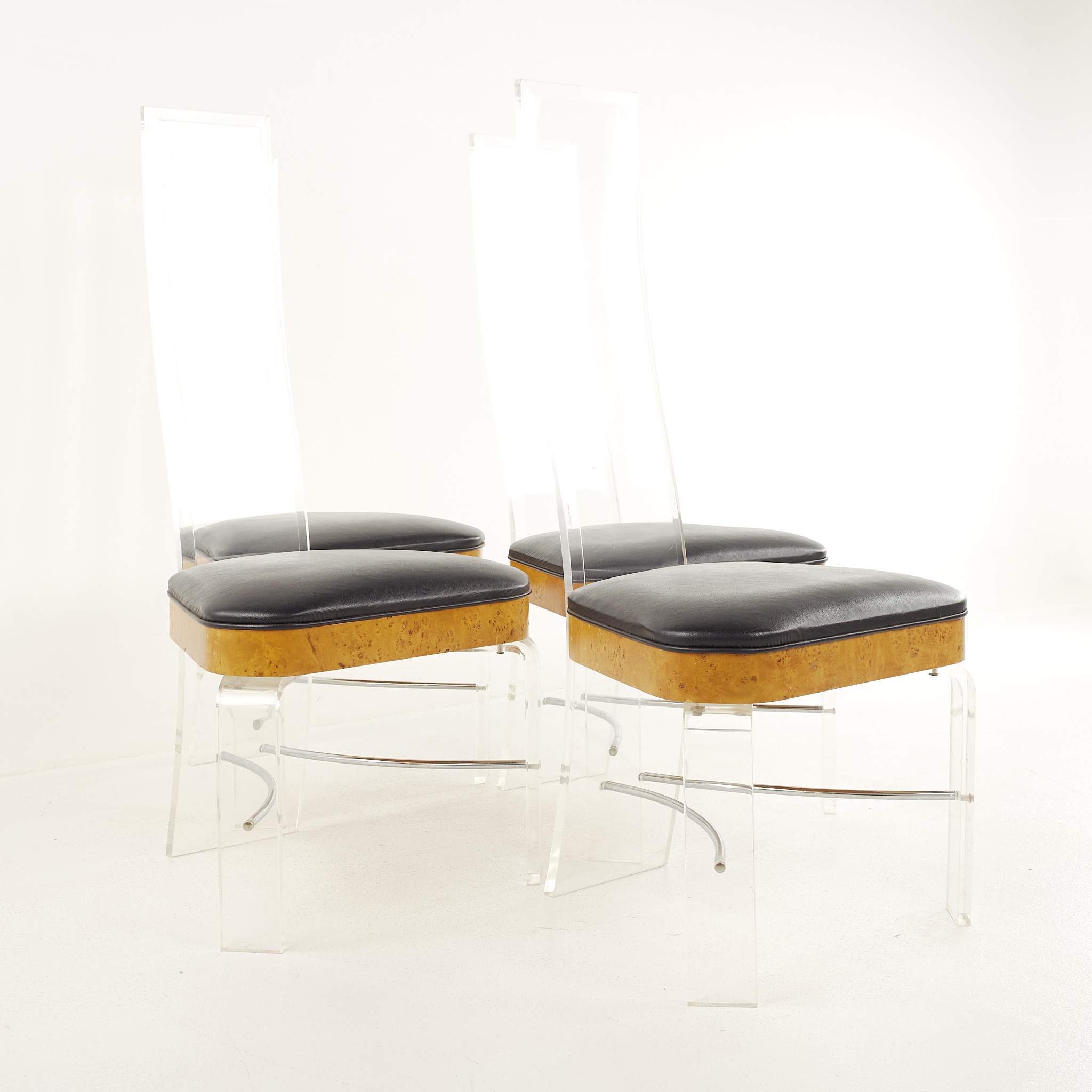 Vladimir Kagan Style Mid Century Burlwood and Lucite Dining Chairs - Set of 4