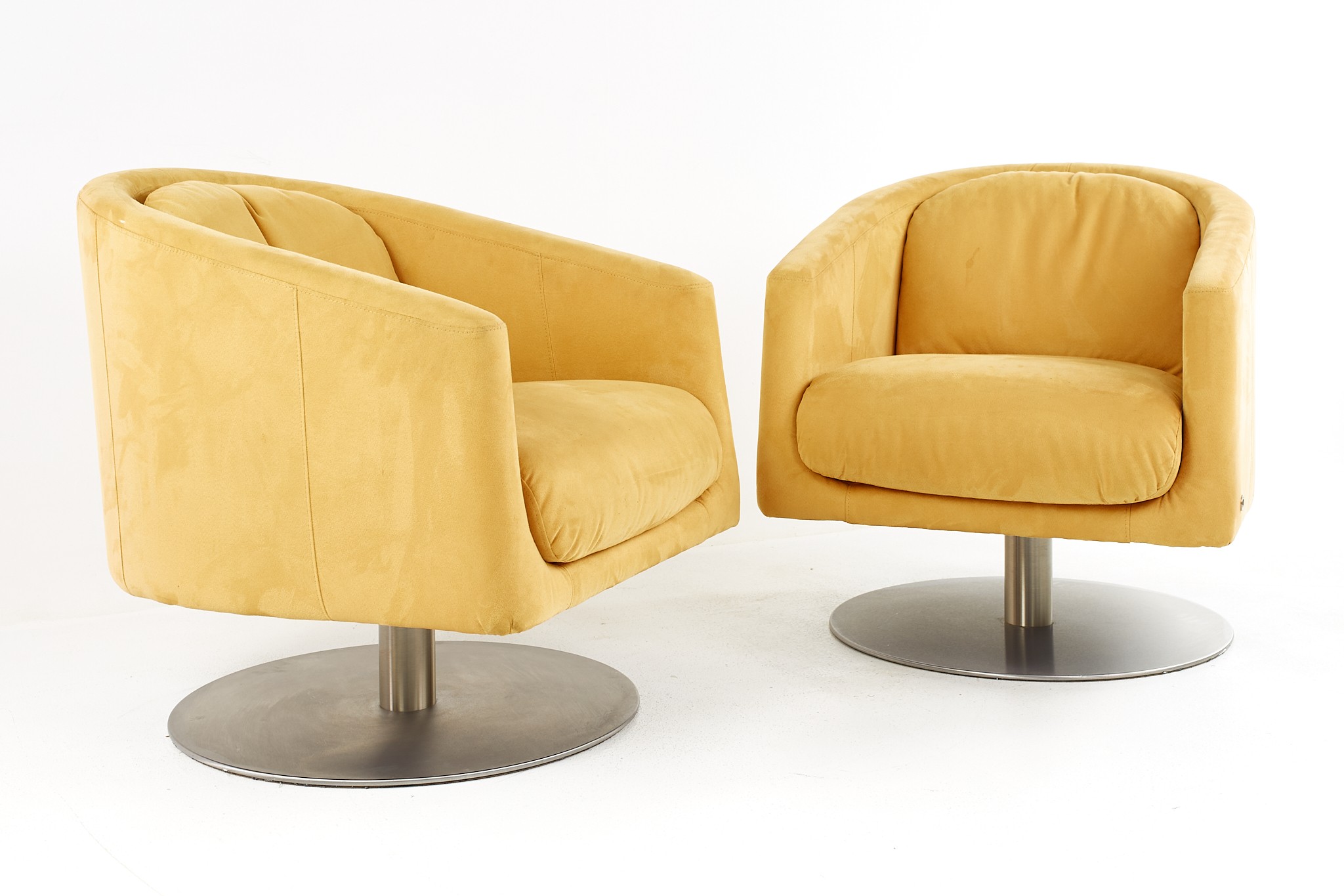Natuzzi Mid Century Italia Chrome Base Swivel Lounge Chairs - a Pair