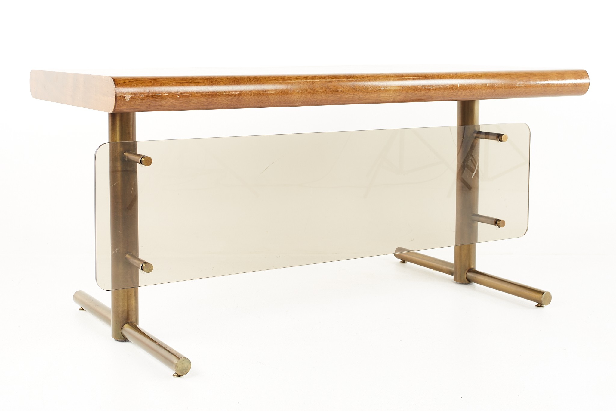 Pace Style Mid Century Walnut Lucite and Brass Desk