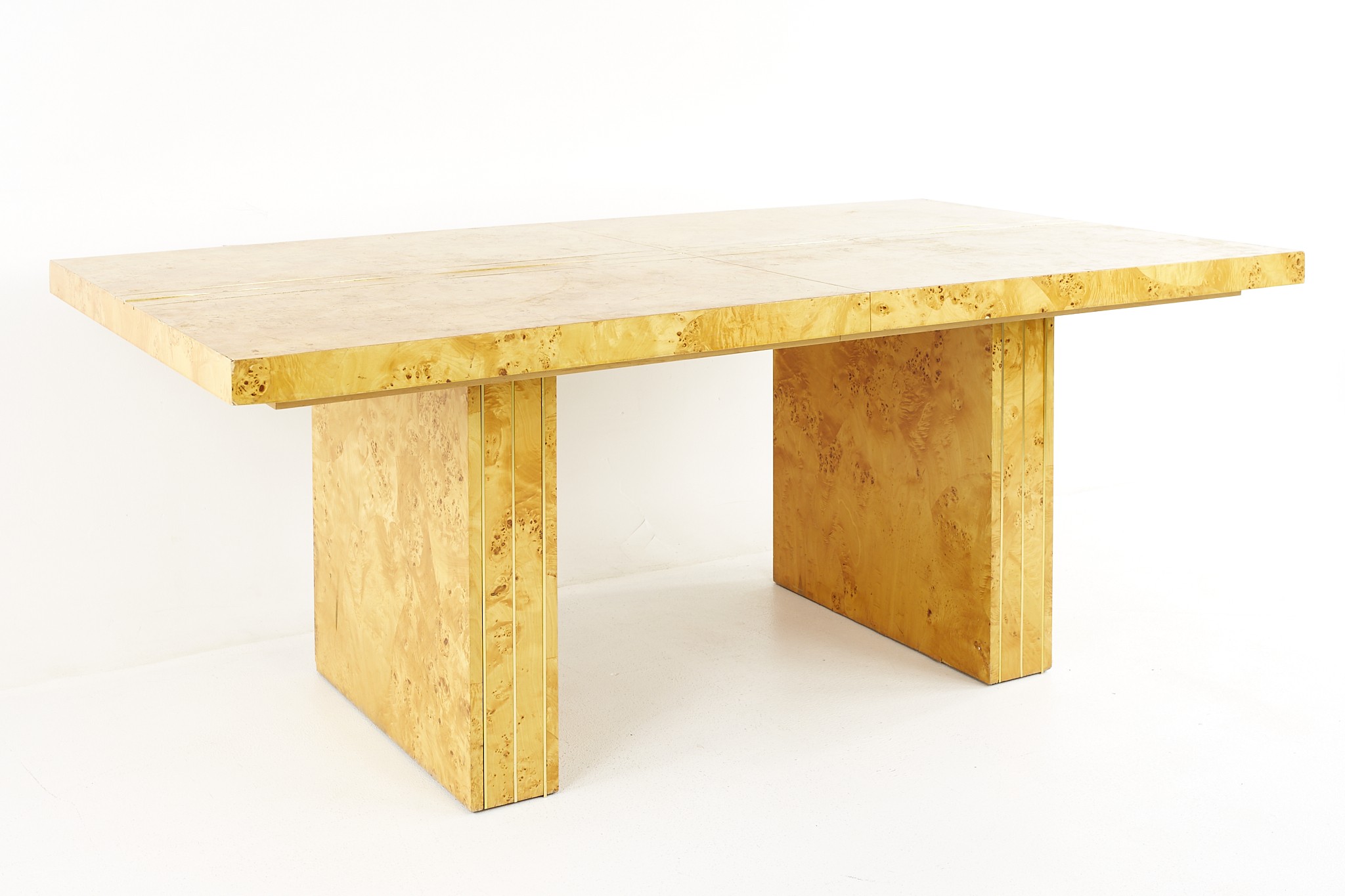 Milo Baughman Style Mid Century Burlwood and Brass Pedestal Dining Table