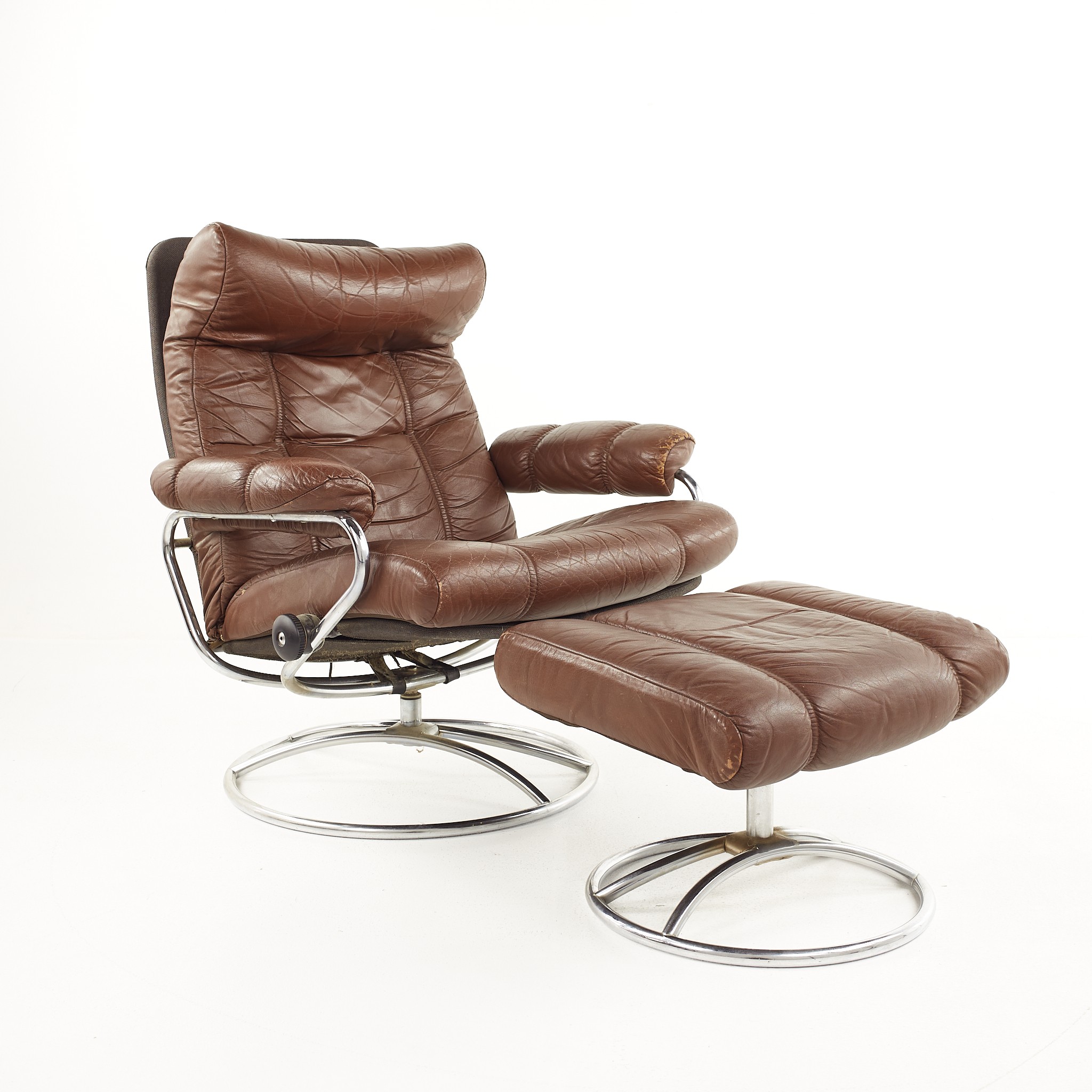 Ekornes Mid Century Chrome and Leather Stressless Lounge Chair and Ottoman