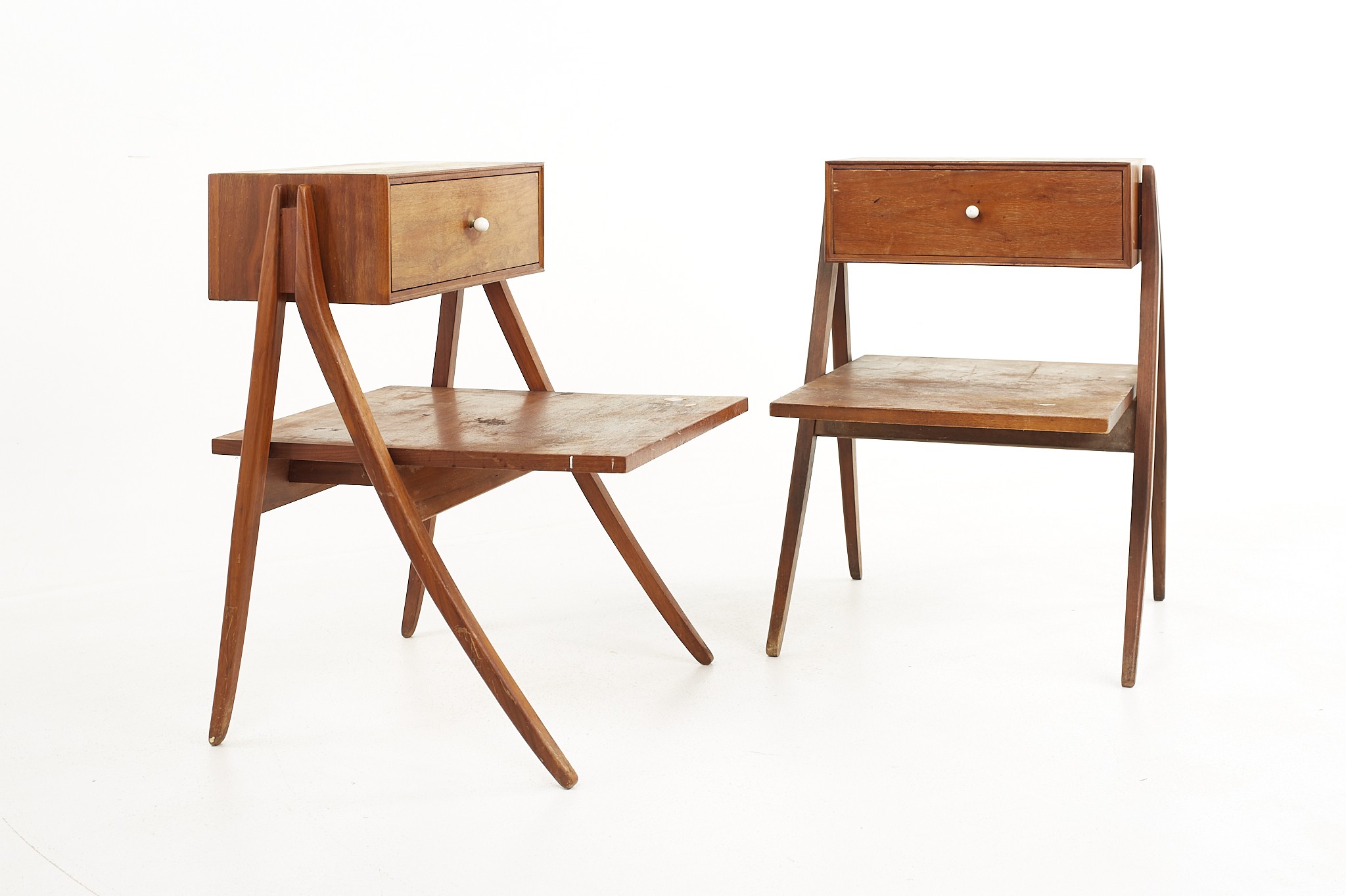 Kipp Stewart for Drexel Mid Century Sculpted Walnut Nightstand End Tables - a Pair