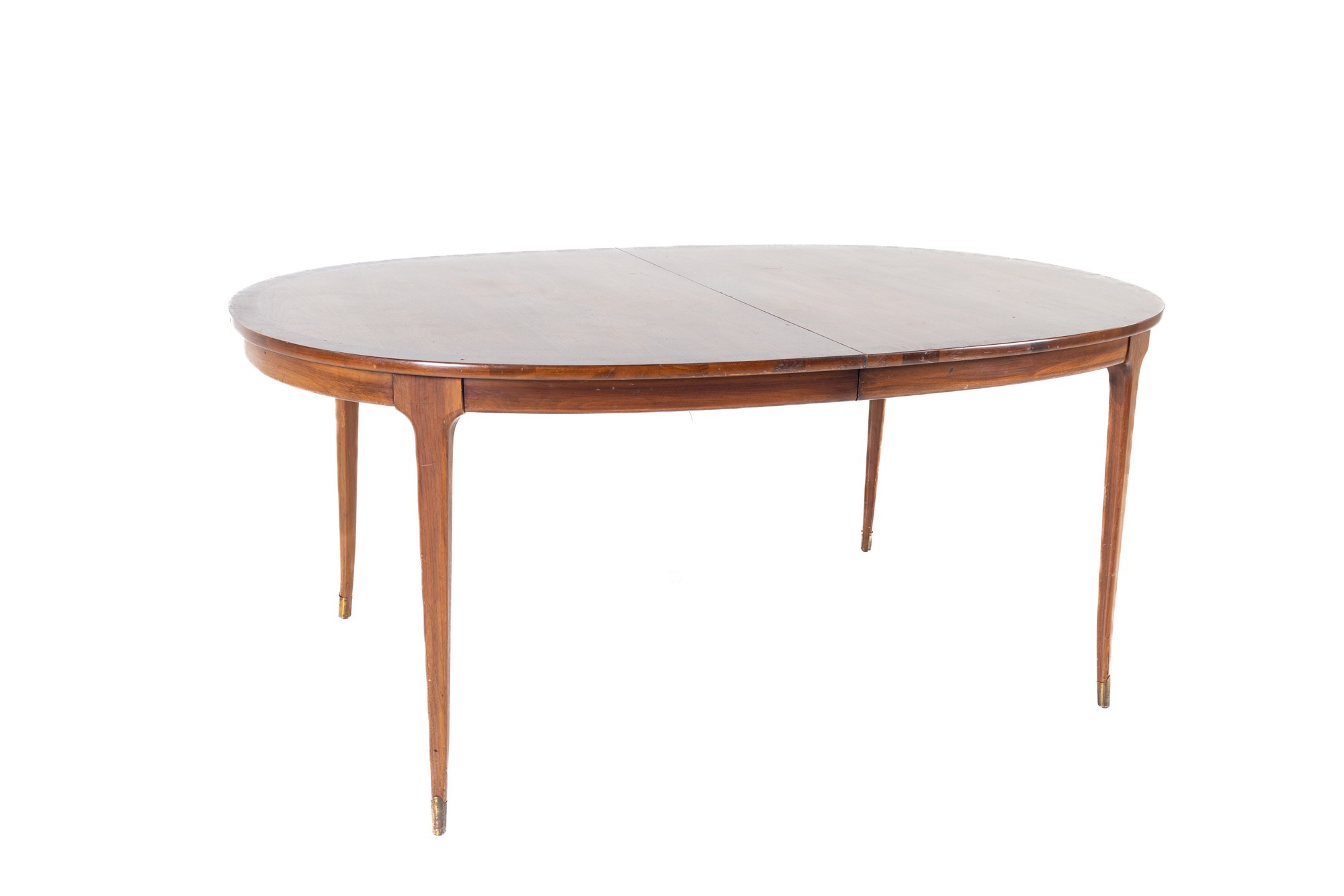 Lane Rhythm Style Mid Century Oval Walnut Dining Table with Brass Tipped Legs and 2 Leaves