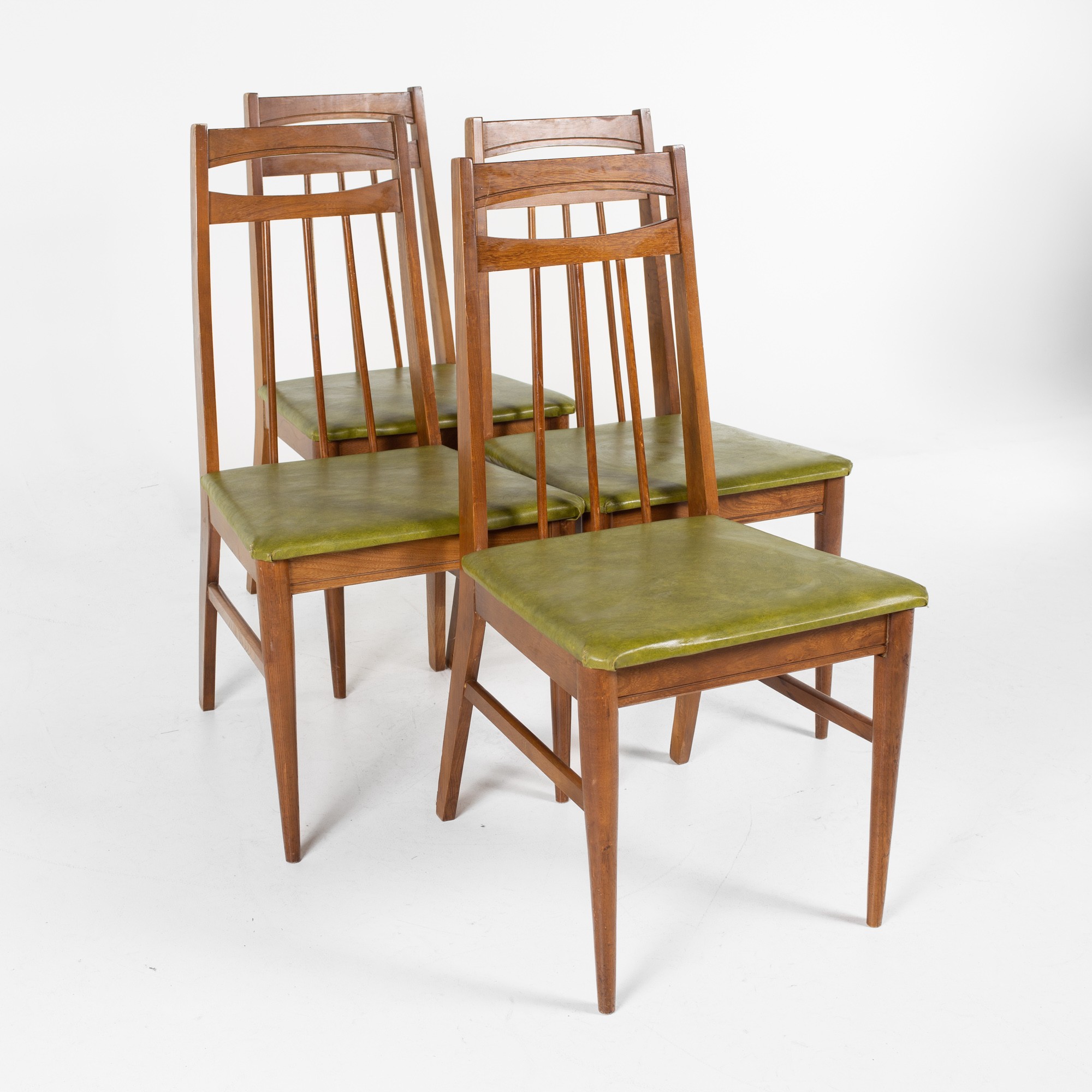 Bassett Style Mid Century Walnut and Green Vinyl Dining Chairs - Set of 4