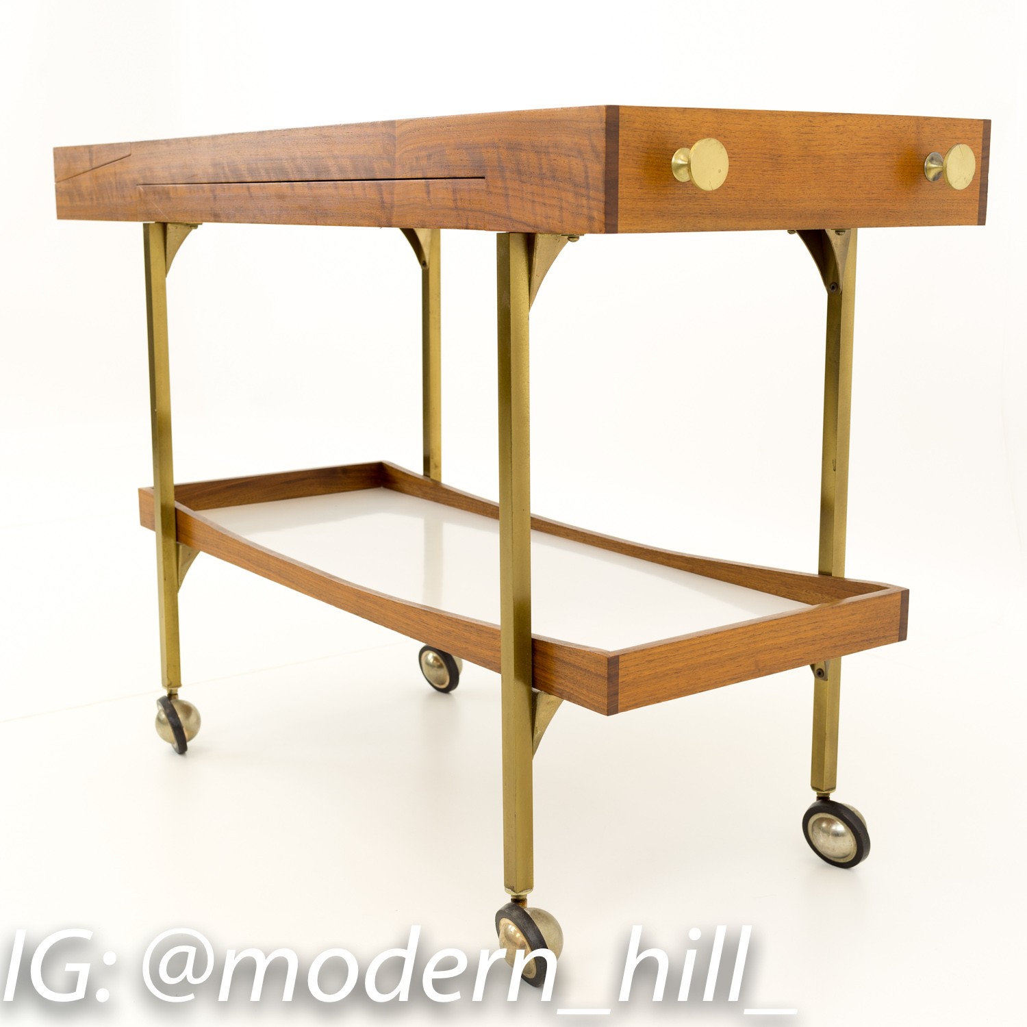 Paul Mccobb Style Salton Hotray Brass and Walnut Mid Century Bar Cart