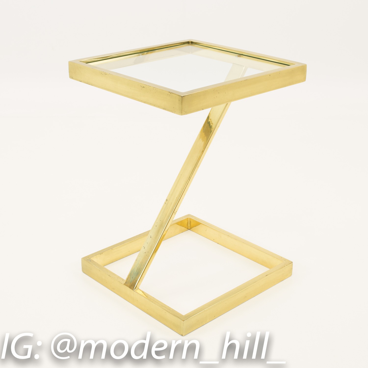 Milo Baughman Style Mid Century Modern Brass Z Side End Tables - Matching Pair