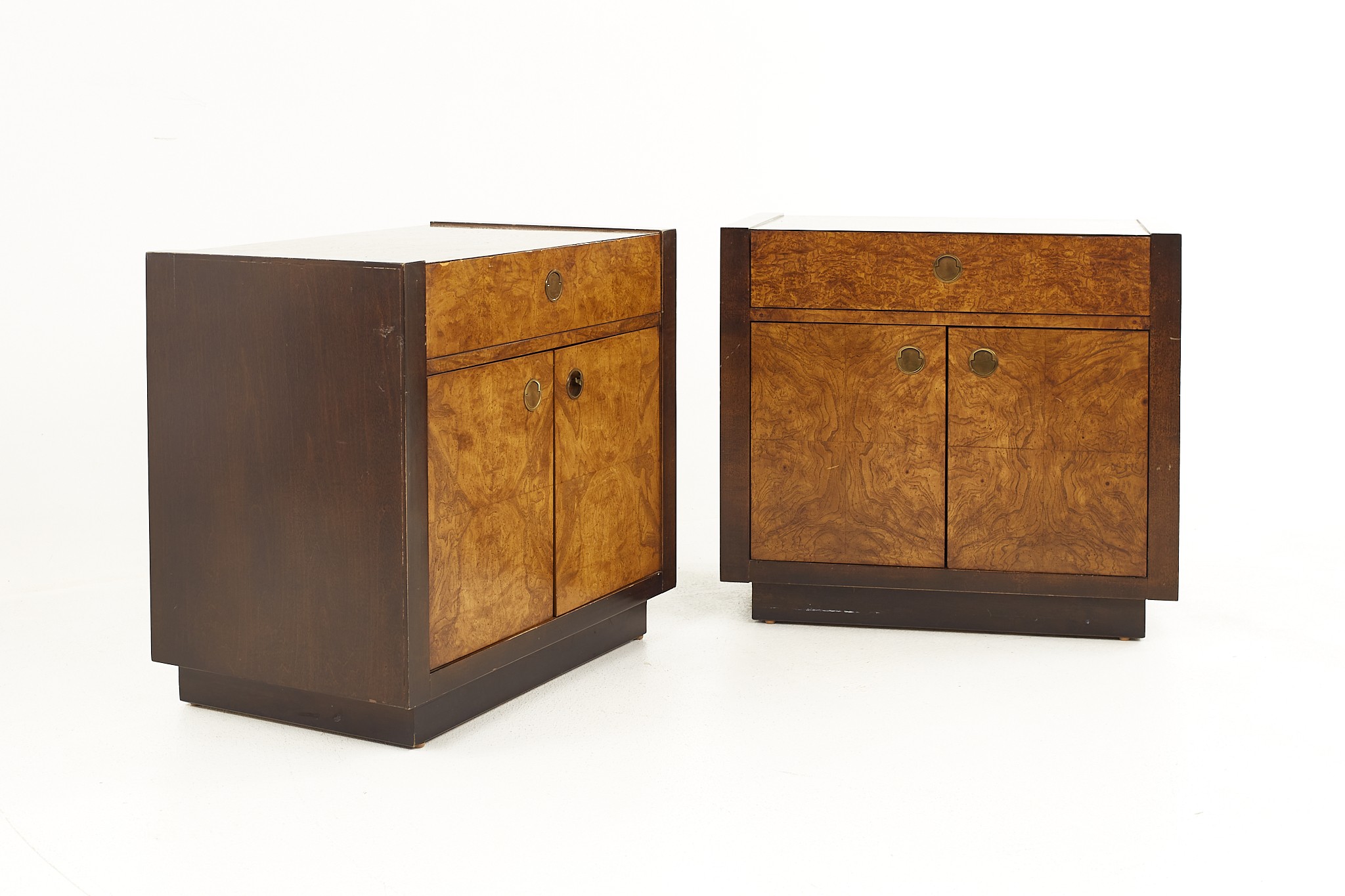 Milo Baughman Style Century Furniture Mid Century Burlwood Nightstand - a Pair