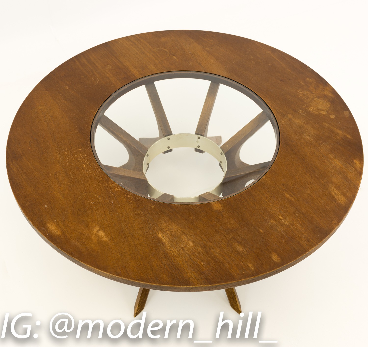 Broyhill Brasilia Cathedral Glass and Walnut Mid Century Round Coffee Table