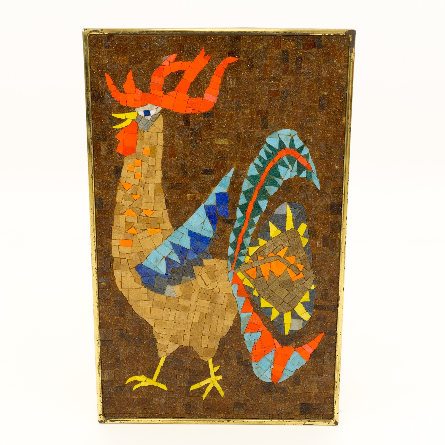 Evelyn Ackerman Style Rooster Bird Mosaic Wall Art with Brass Frame