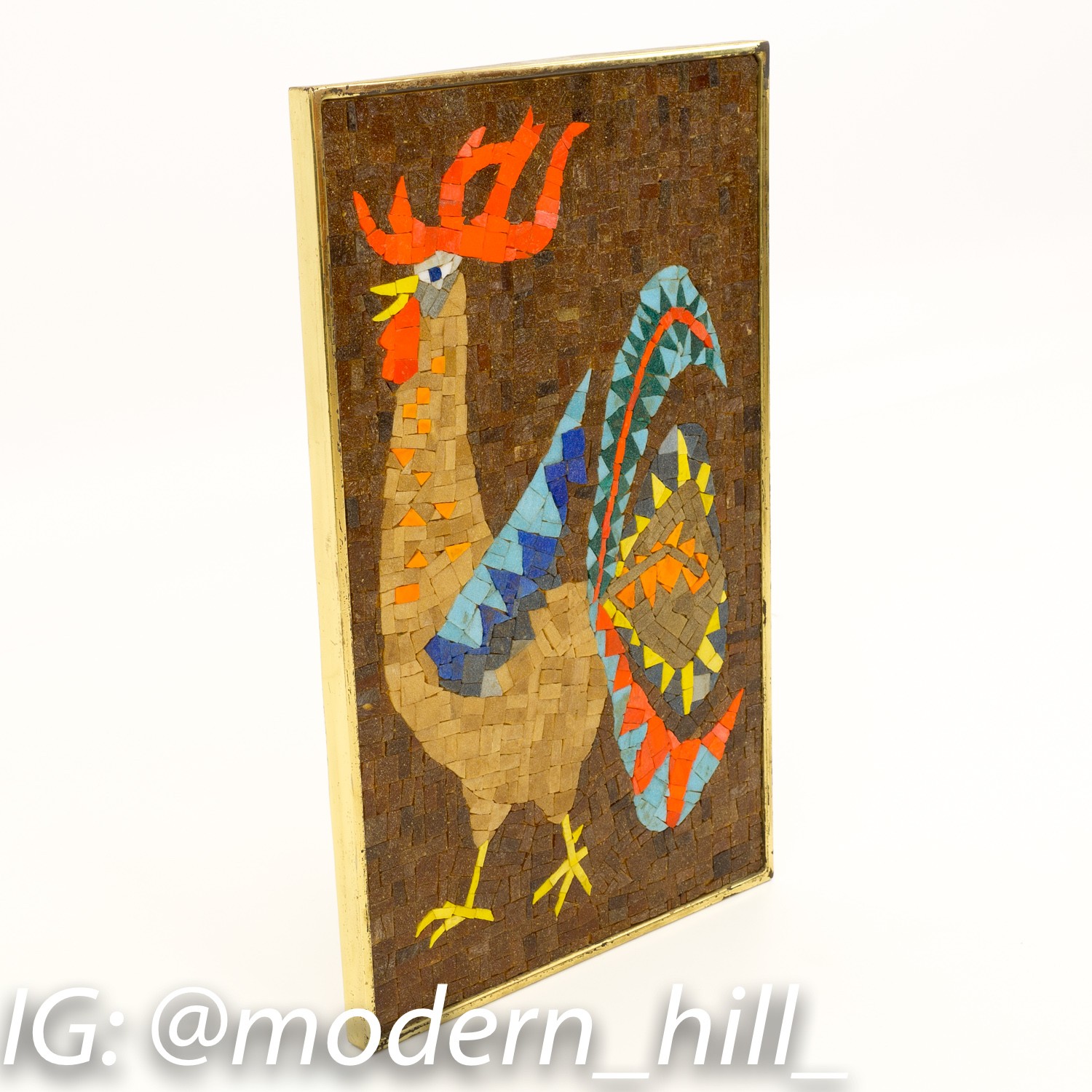 Evelyn Ackerman Style Rooster Bird Mosaic Wall Art with Brass Frame