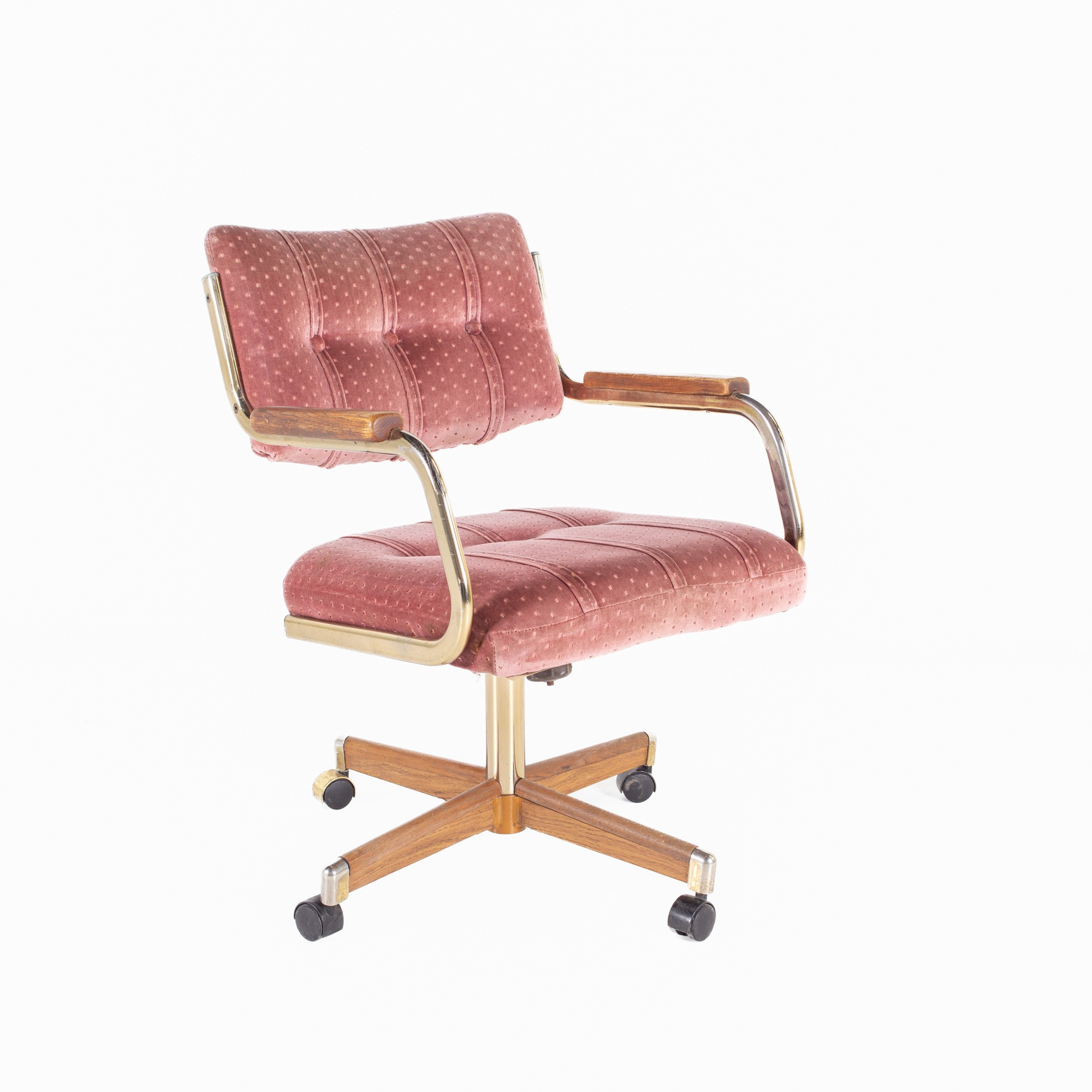 Mid Century Pink Velvet and Brass Rolling Office Desk Chair