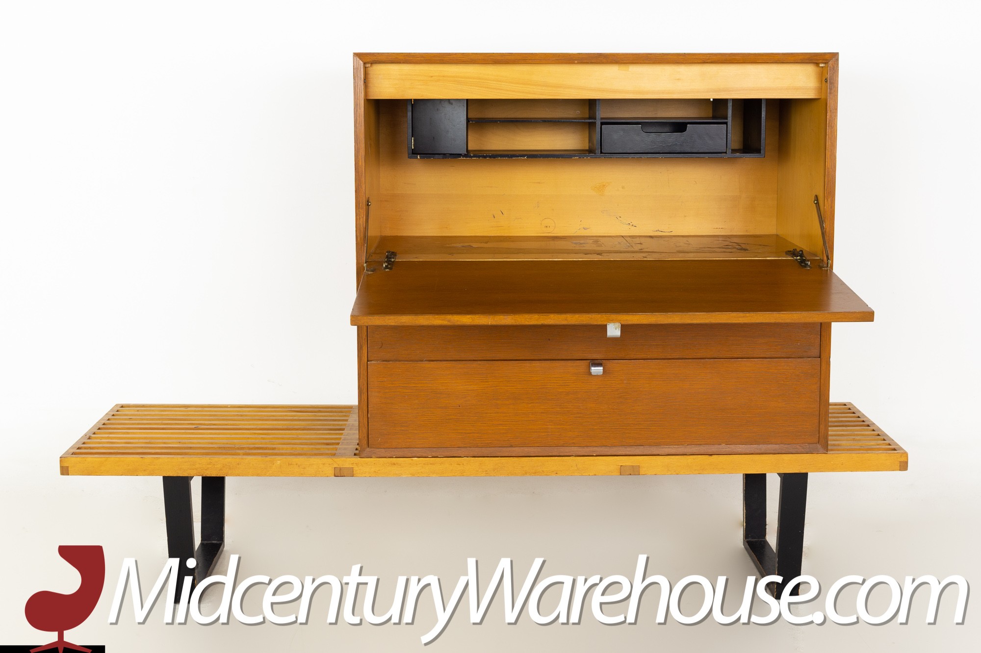 Mid Century Modern Solid Oak Desk With Two Drawers and Brass, Bureau,  Office Desk, Study Desk, Walnut 