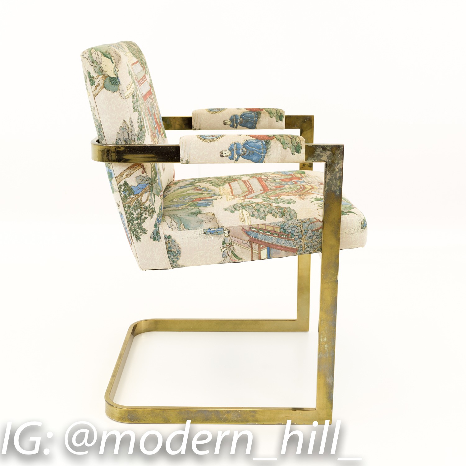 Milo Baughman Style Mid Century Captains Dining Occasional Chairs with Japanese Patterned Fabric