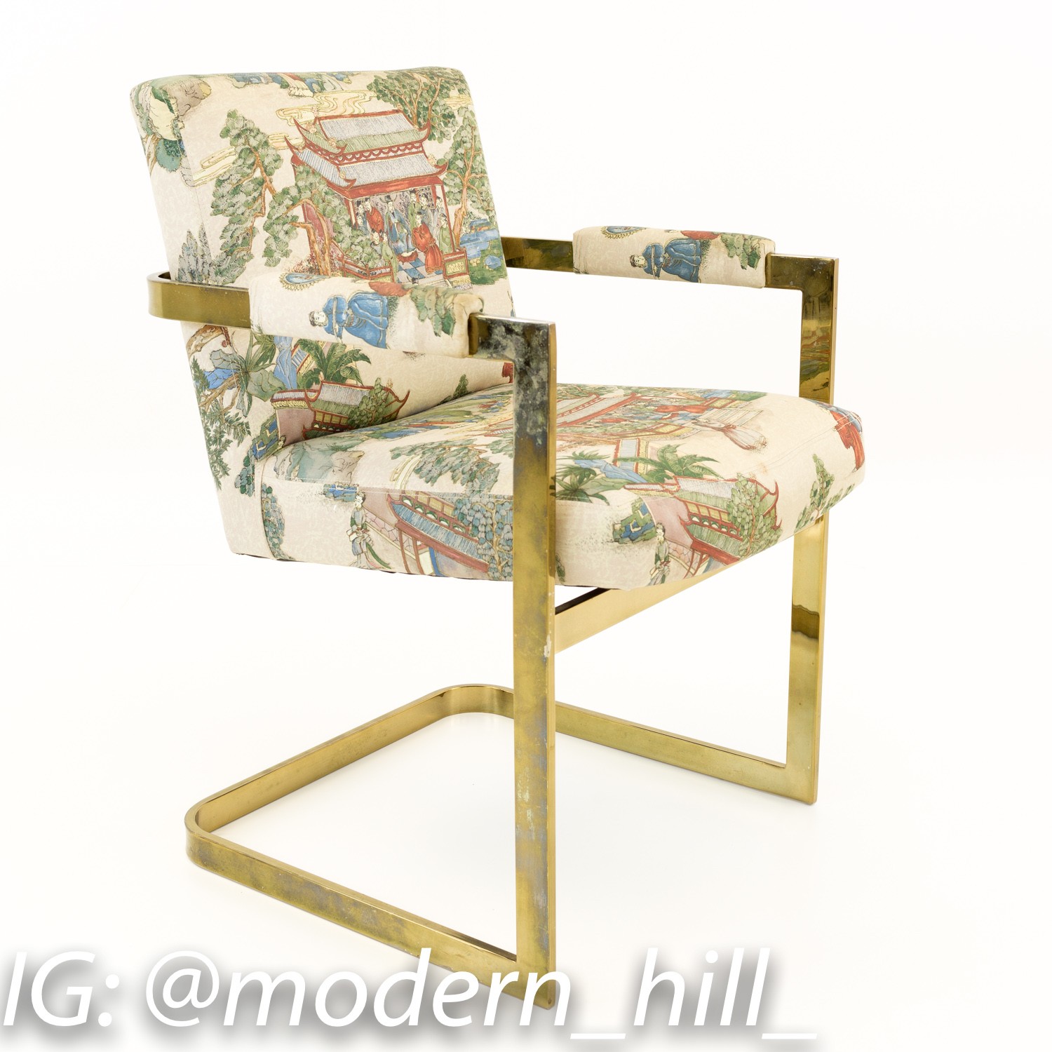 Milo Baughman Style Mid Century Captains Dining Occasional Chairs with Japanese Patterned Fabric