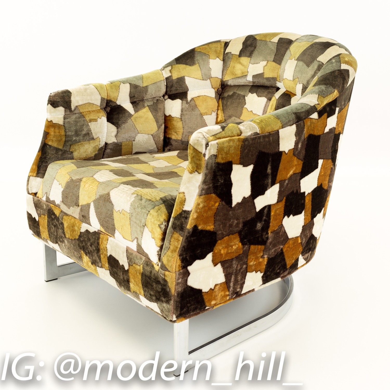 Milo Baughman Style Mid Century Upholstered Lounge Chair with Jack Lenor Larsen Style Cow Patterned Velvet