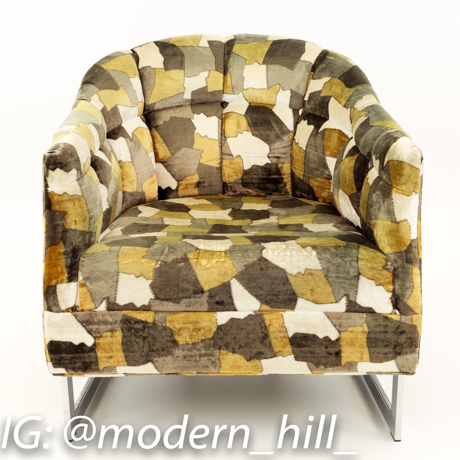 Milo Baughman Style Mid Century Upholstered Lounge Chair with Jack Lenor Larsen Style Cow Patterned Velvet
