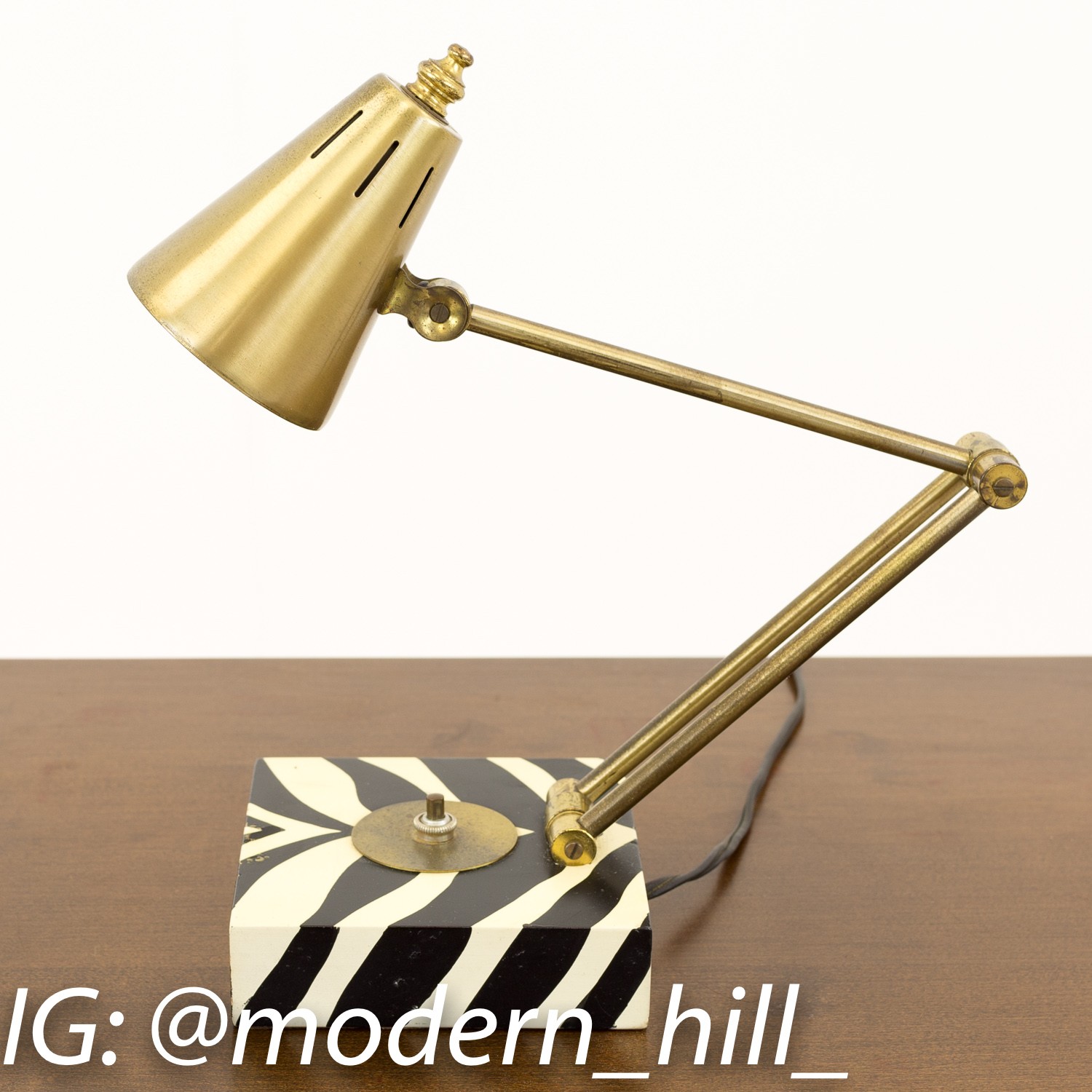 Gerald Thurston Style Mid Century Articulating Brass Black and White Zebra Stripe Desk Table Lamp